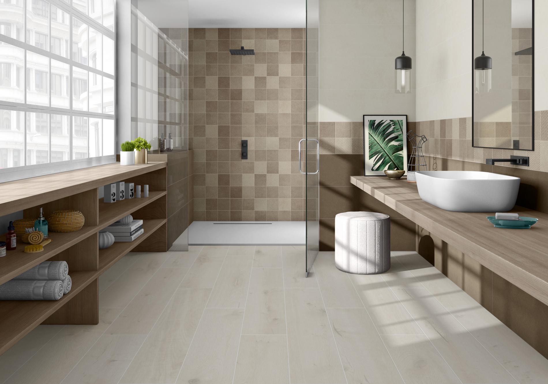Bathroom with wood effect floor tiles