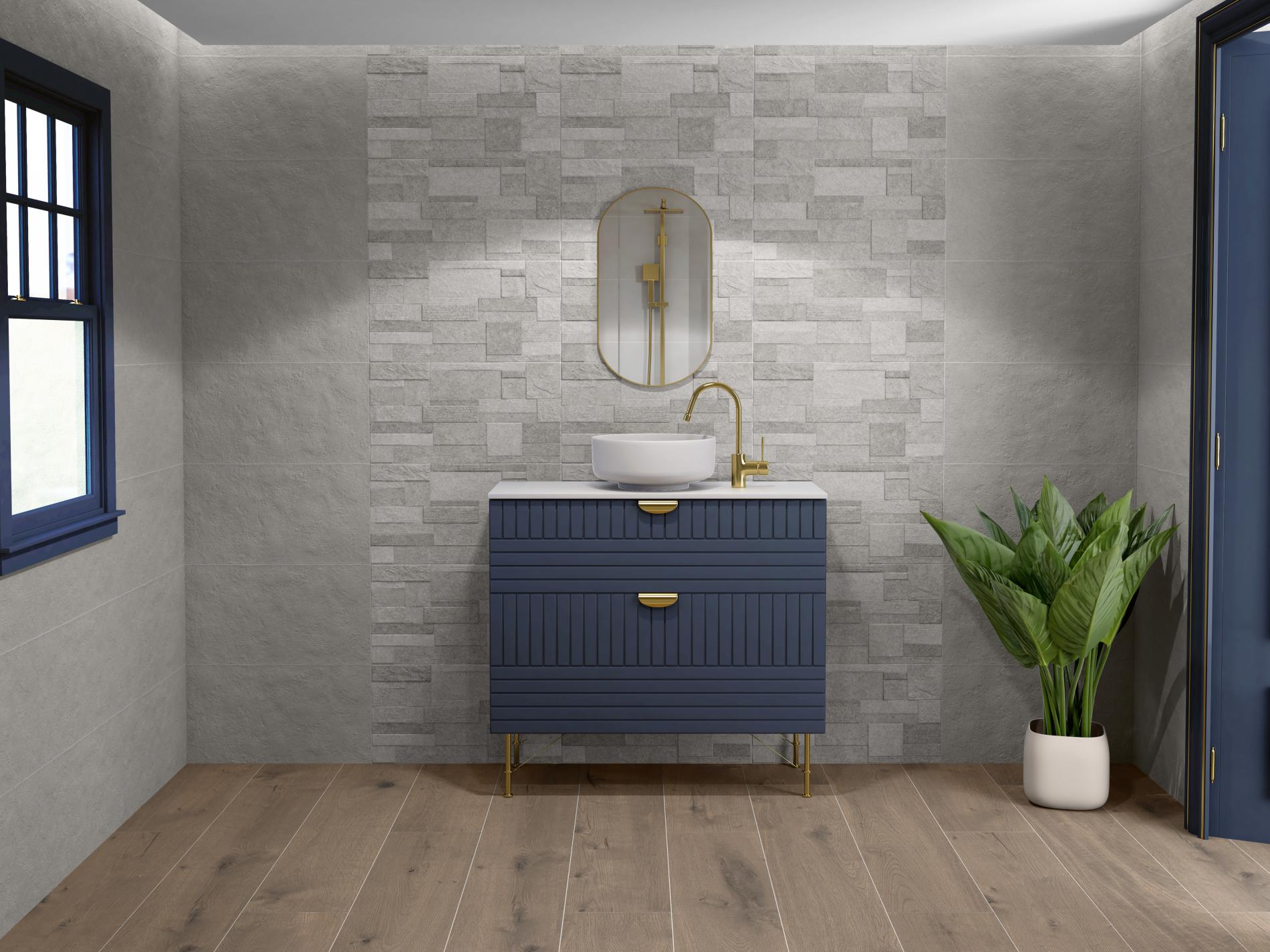 Feature wall and wood effect floor tiles