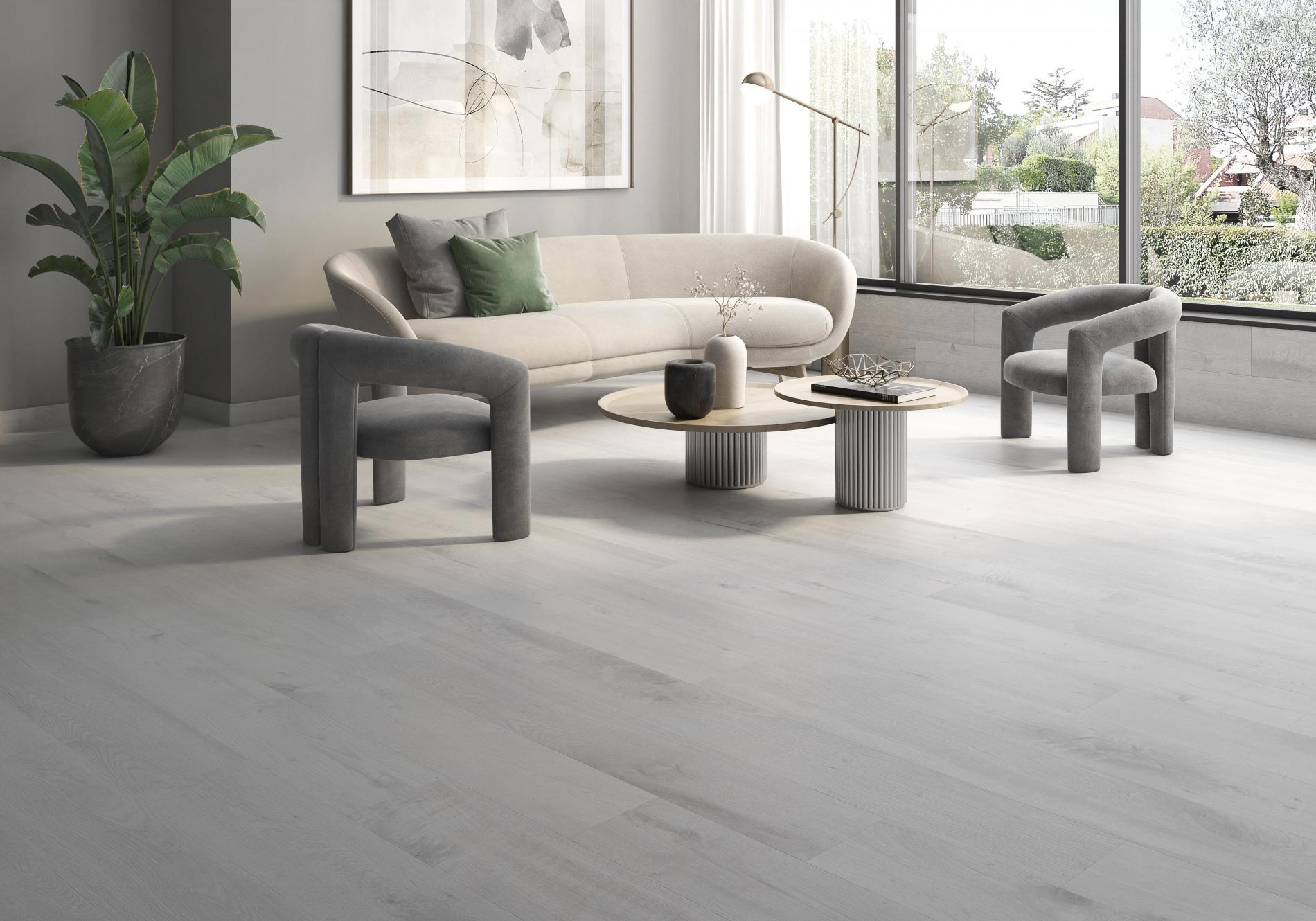 Grey wood effect floor tile used in living room, table with 2 candles ontop of it