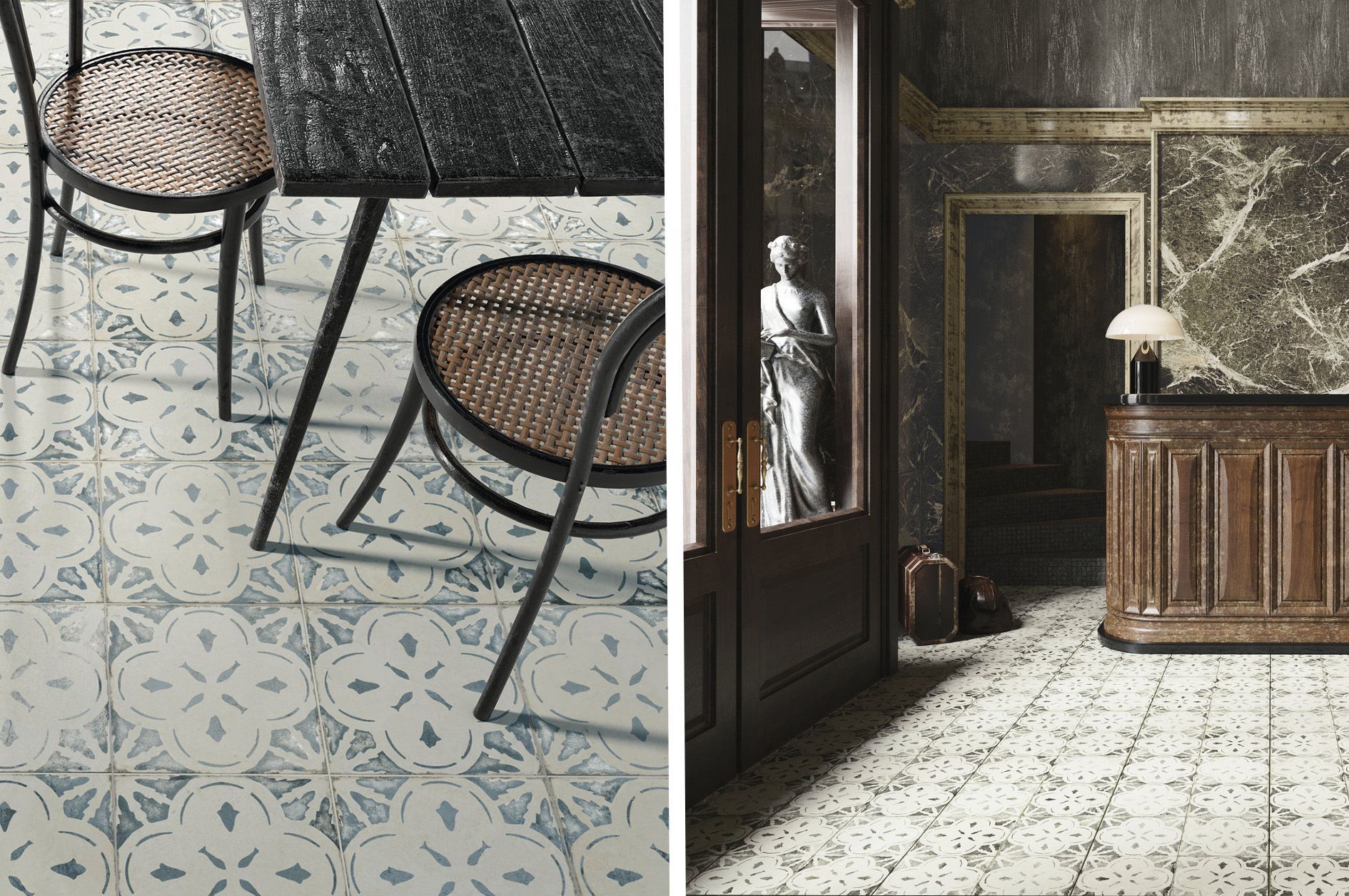 vintage looking tiles with a weaved chair and used in a hotel reception