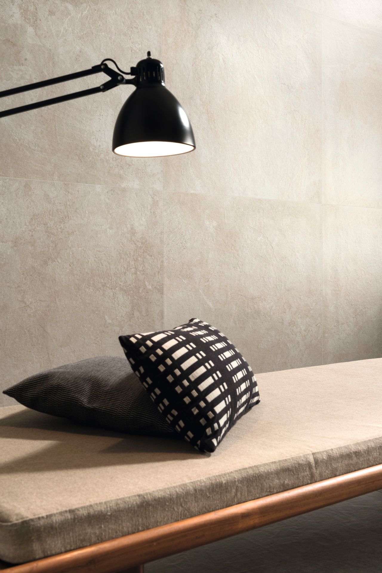 Limestone effect tile used on the walls