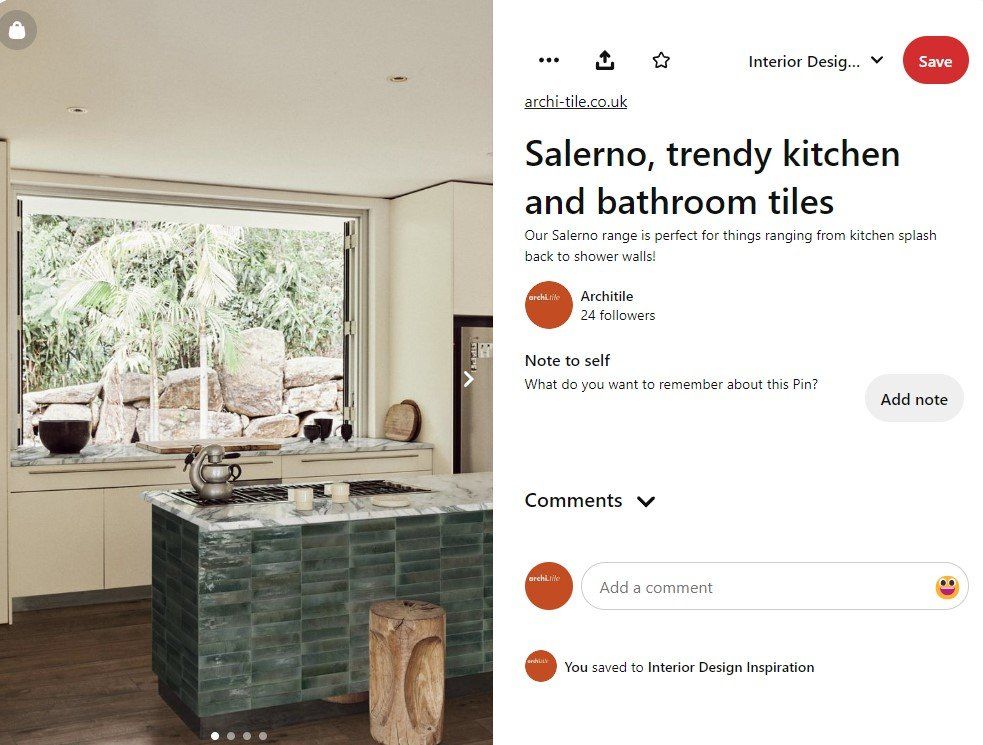 edited photo of a kitchen with slaerno tiles and an article