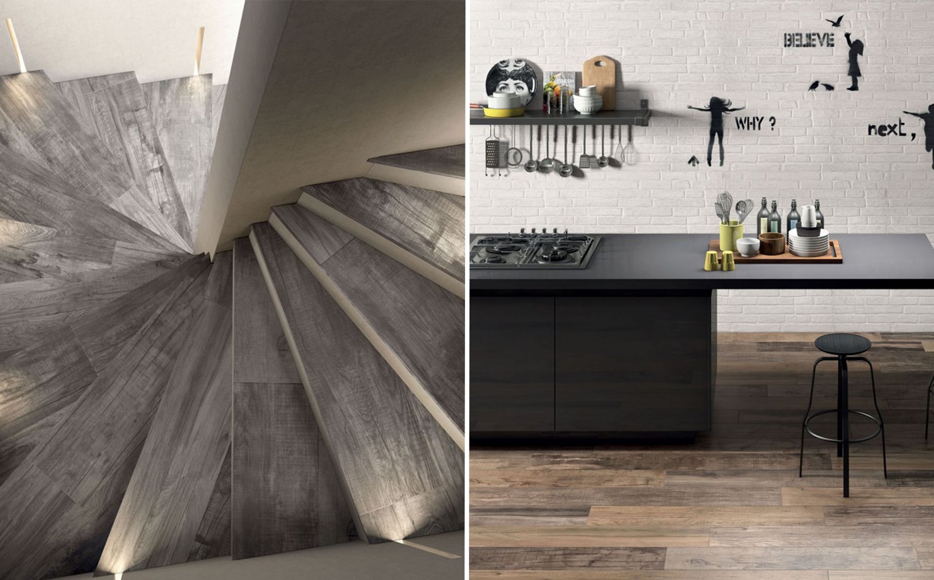 Wood effect spiral stairs and wood effect kitchen floor