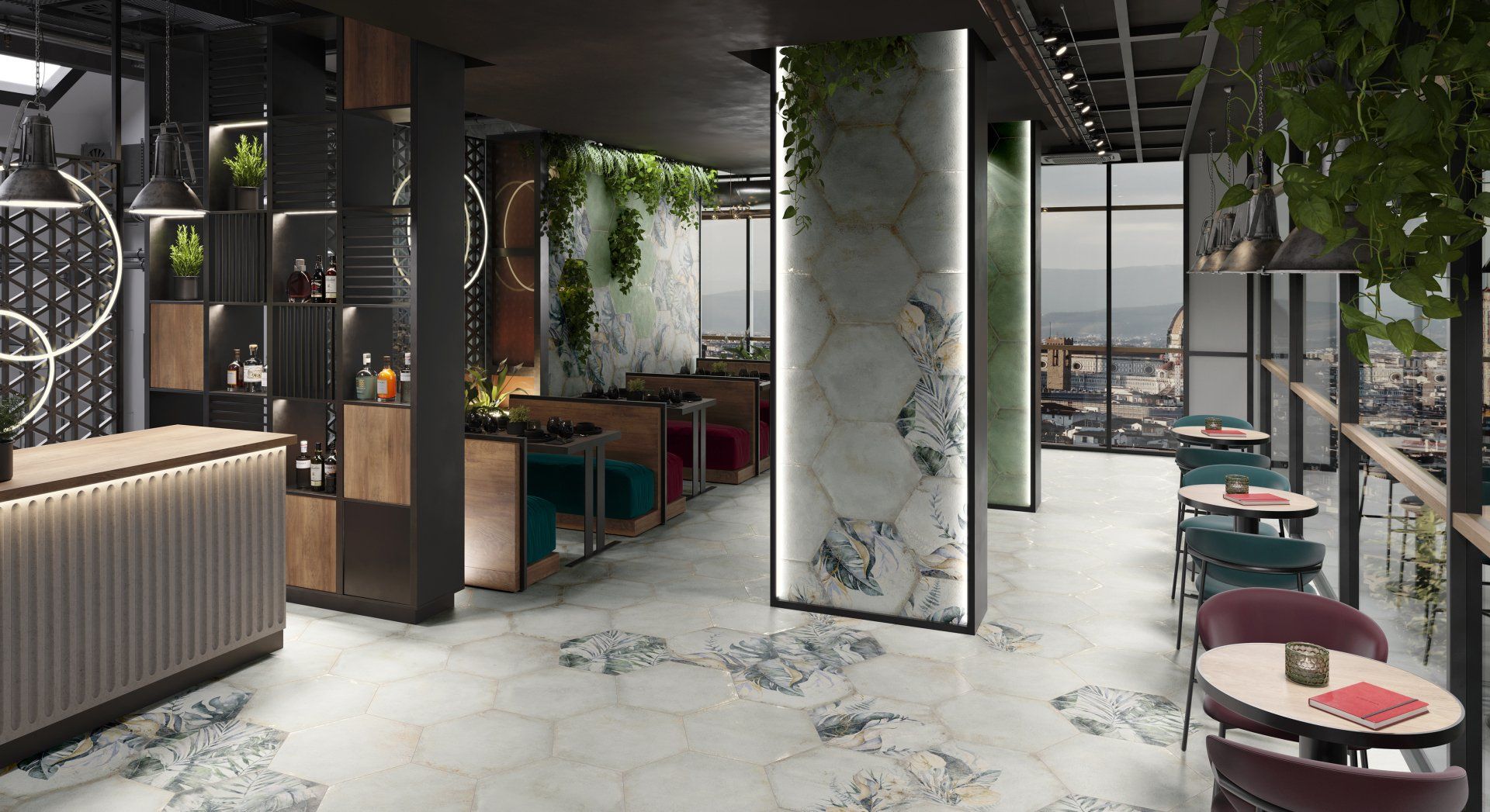 geometric pattern tiles, modern restaurant design , interior design