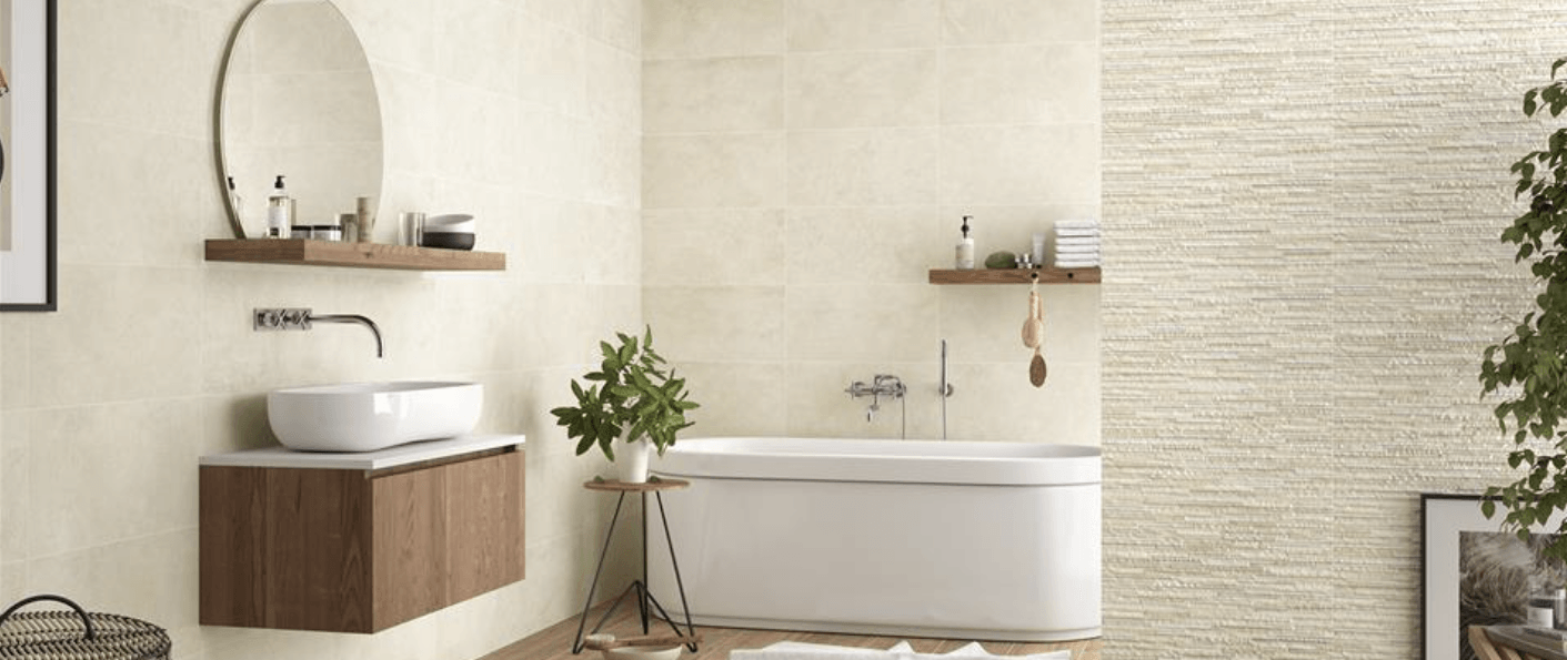 Concrete wall tiles in a bathroom