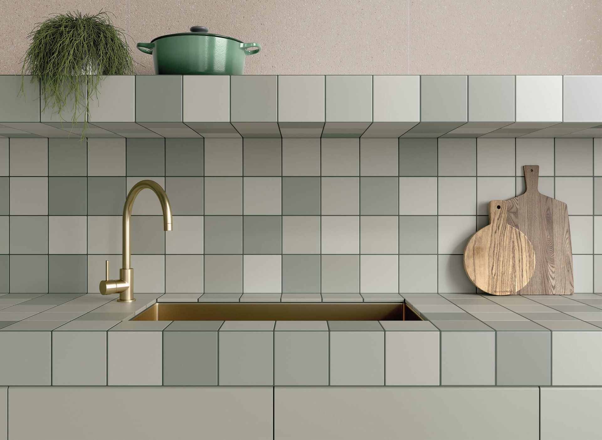 light kitchen aesthetic with golden brass tap and sink and wooden cutting boards