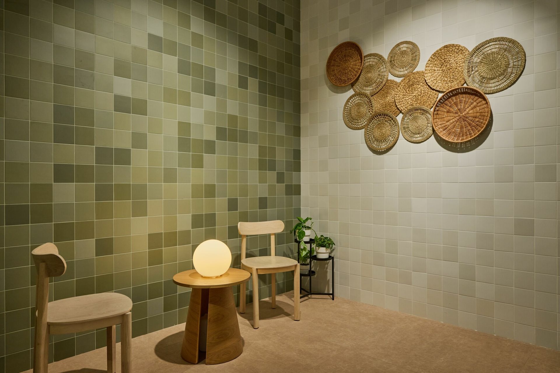 a cafe room setting , interior design inspo, green tiles