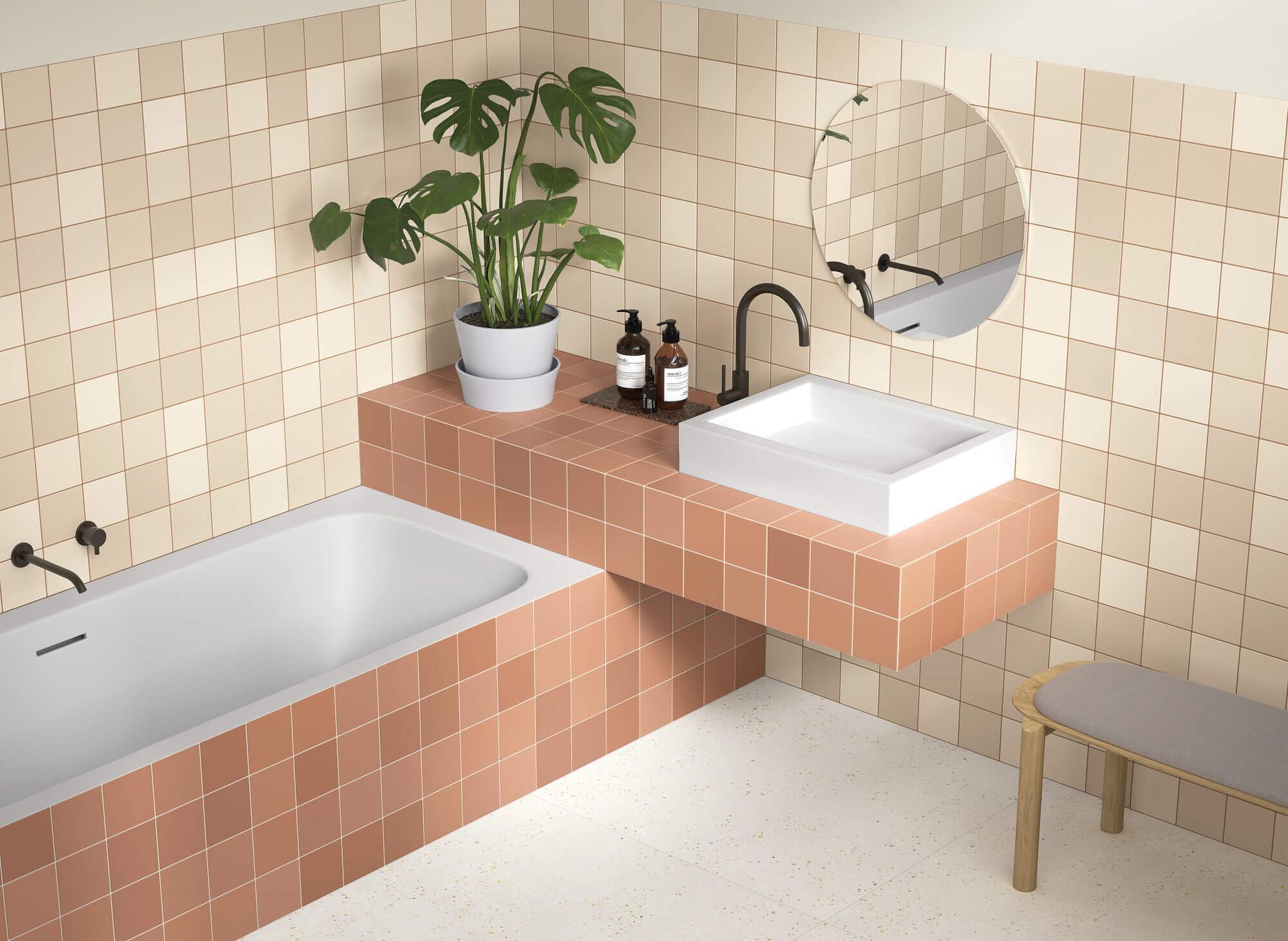 a bath design , using white and orange tiles in a unique bathroom design with a circular mirror