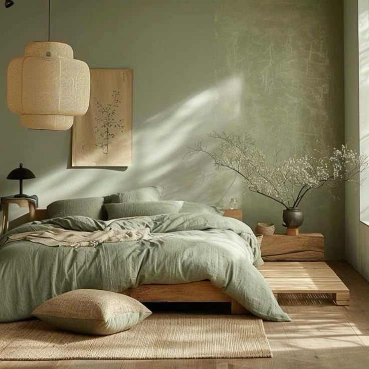 japandi style bedroom with sage green accents