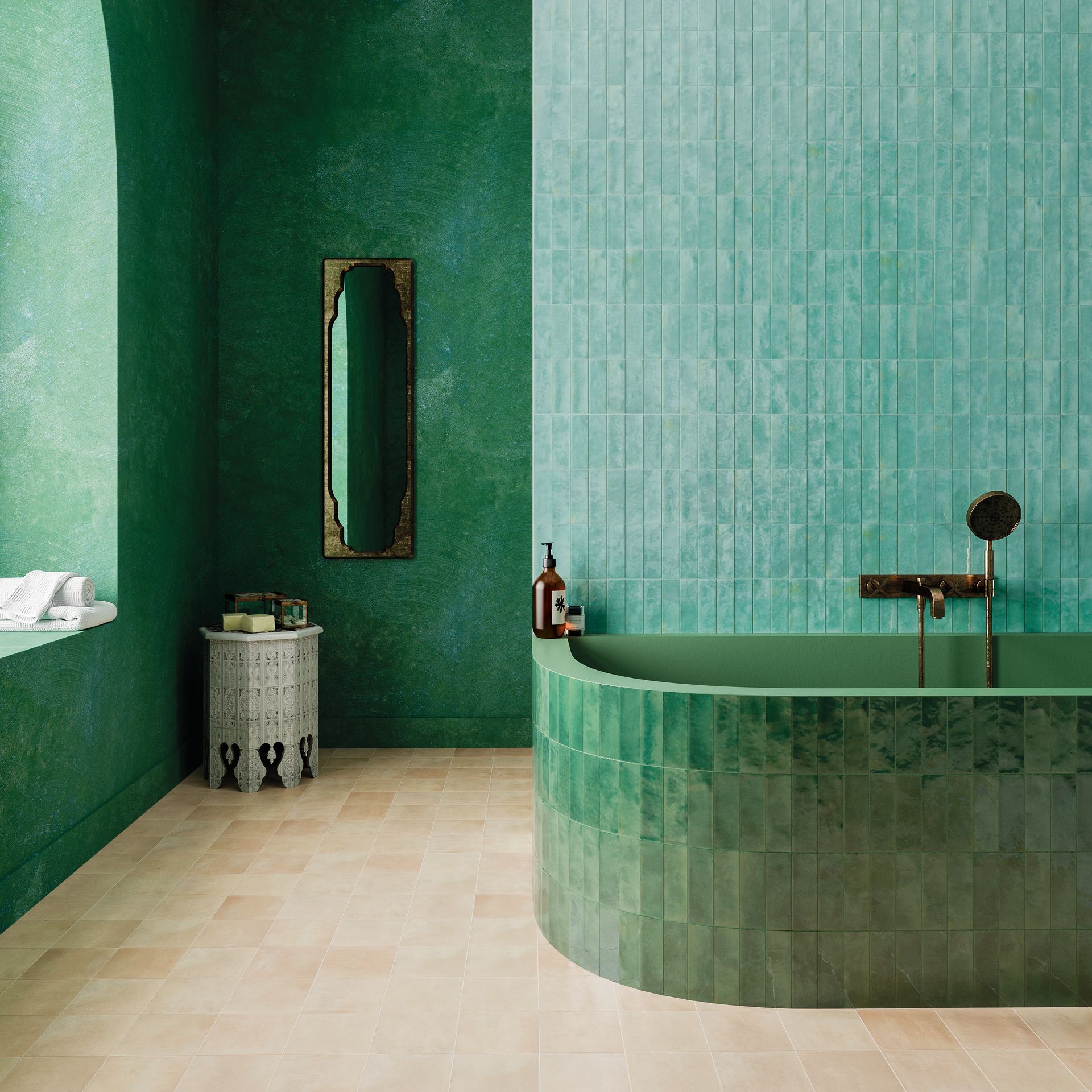 Green metro and brick wall tiles used to tile the bath and bathroom walls
