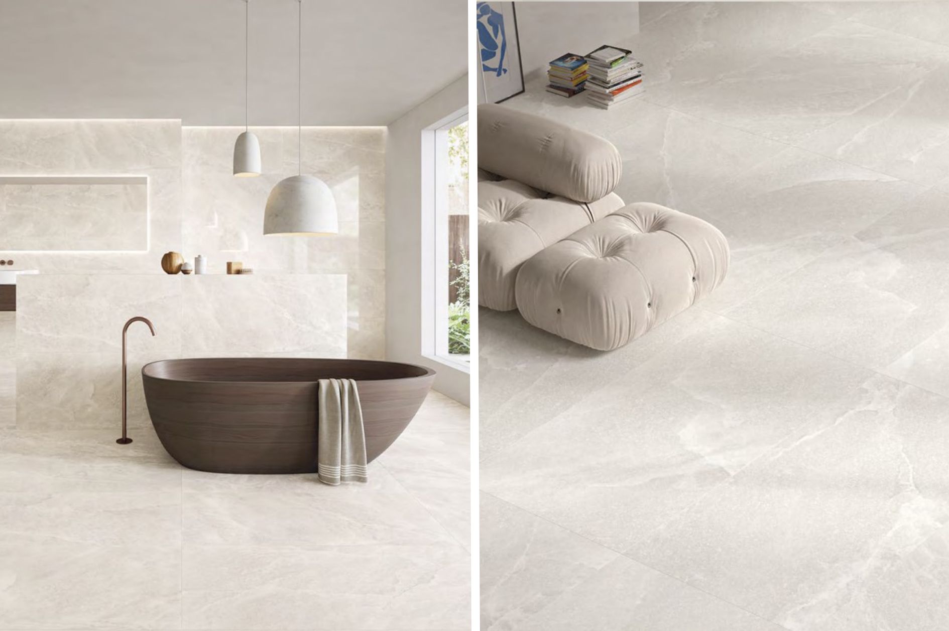 2 photos of blanco floor tile in a bathroom that has a brown bath and brown tap