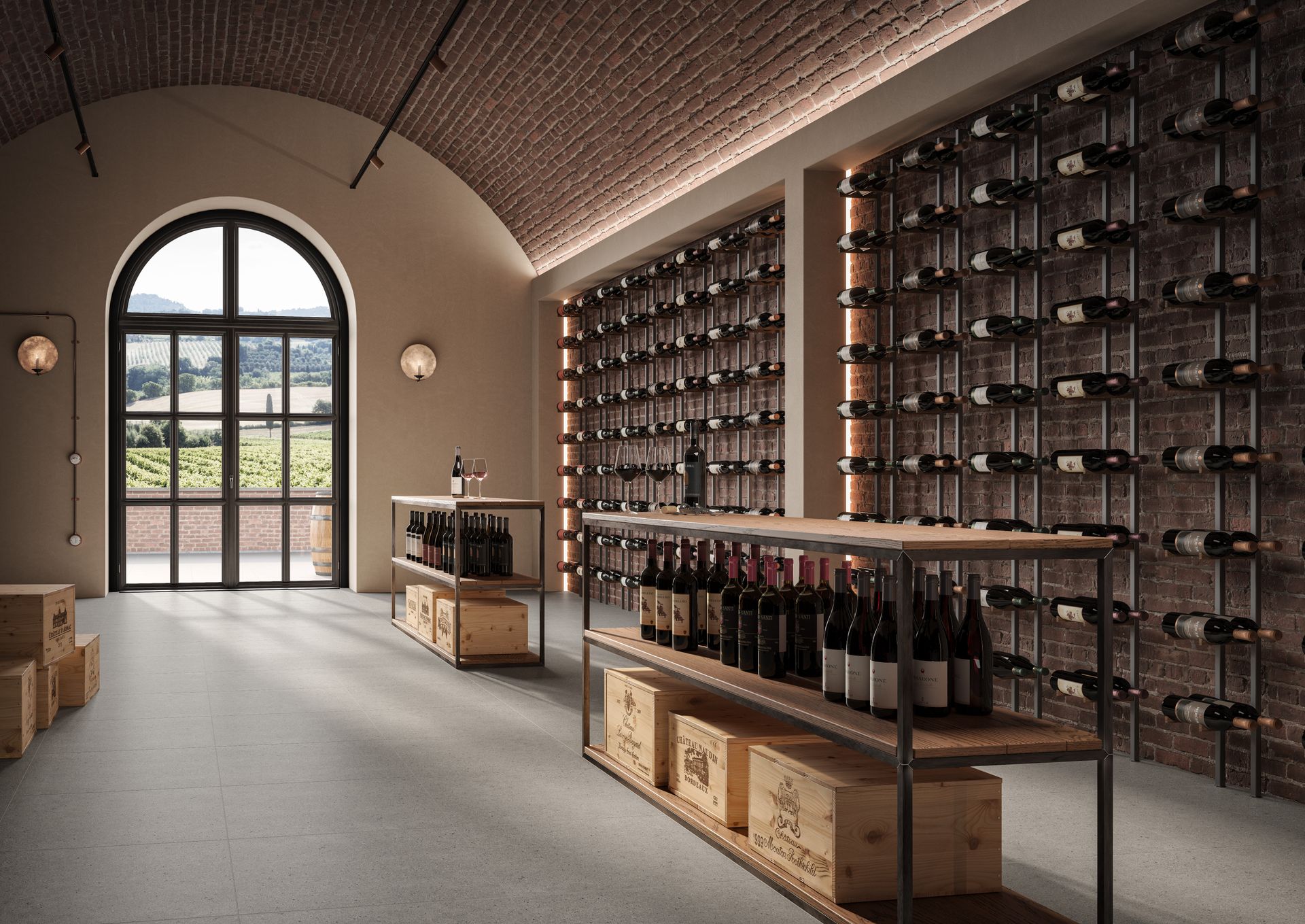 PTV40+ Full bodied Technistone Limestone effect floor tile, wine shop floor, wine racking and curved metal black archway door.
