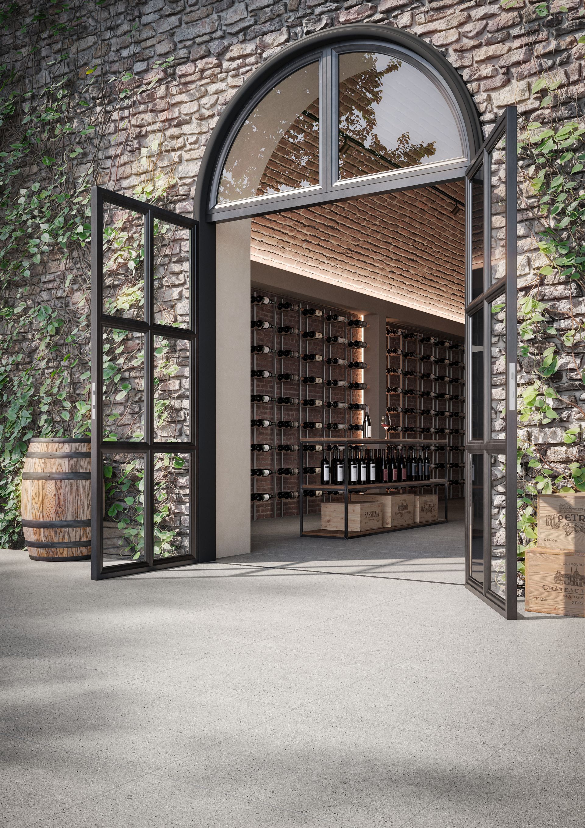 PTV40+ Full bodied external limestone floor tile, modern oval arch door way