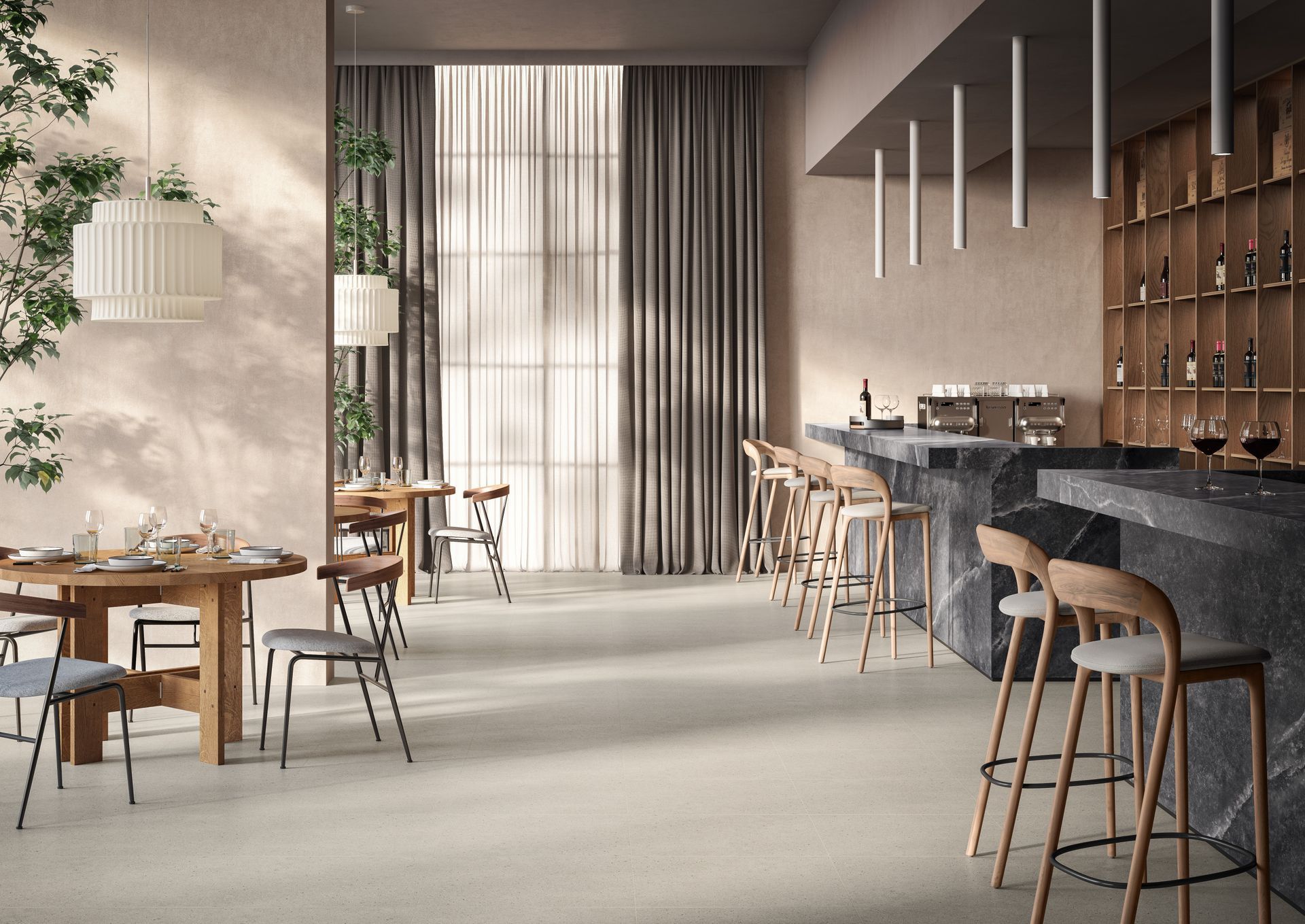 PTV40+ Technistone white floor in kitchen living space, modern wood stools and grey marble countertops.