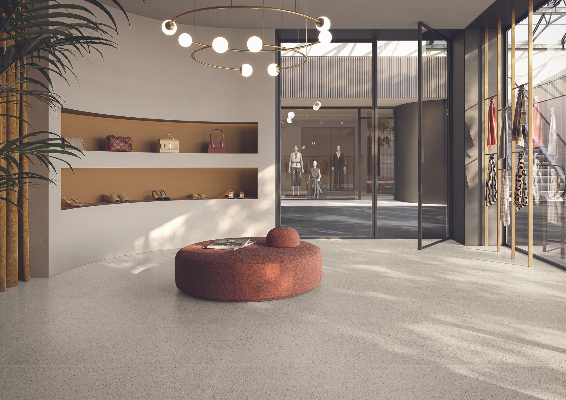 Full Bodied PTV40+ White limestone effect floor tile, orange circular seat, shelves with shoes and bi folding doors.