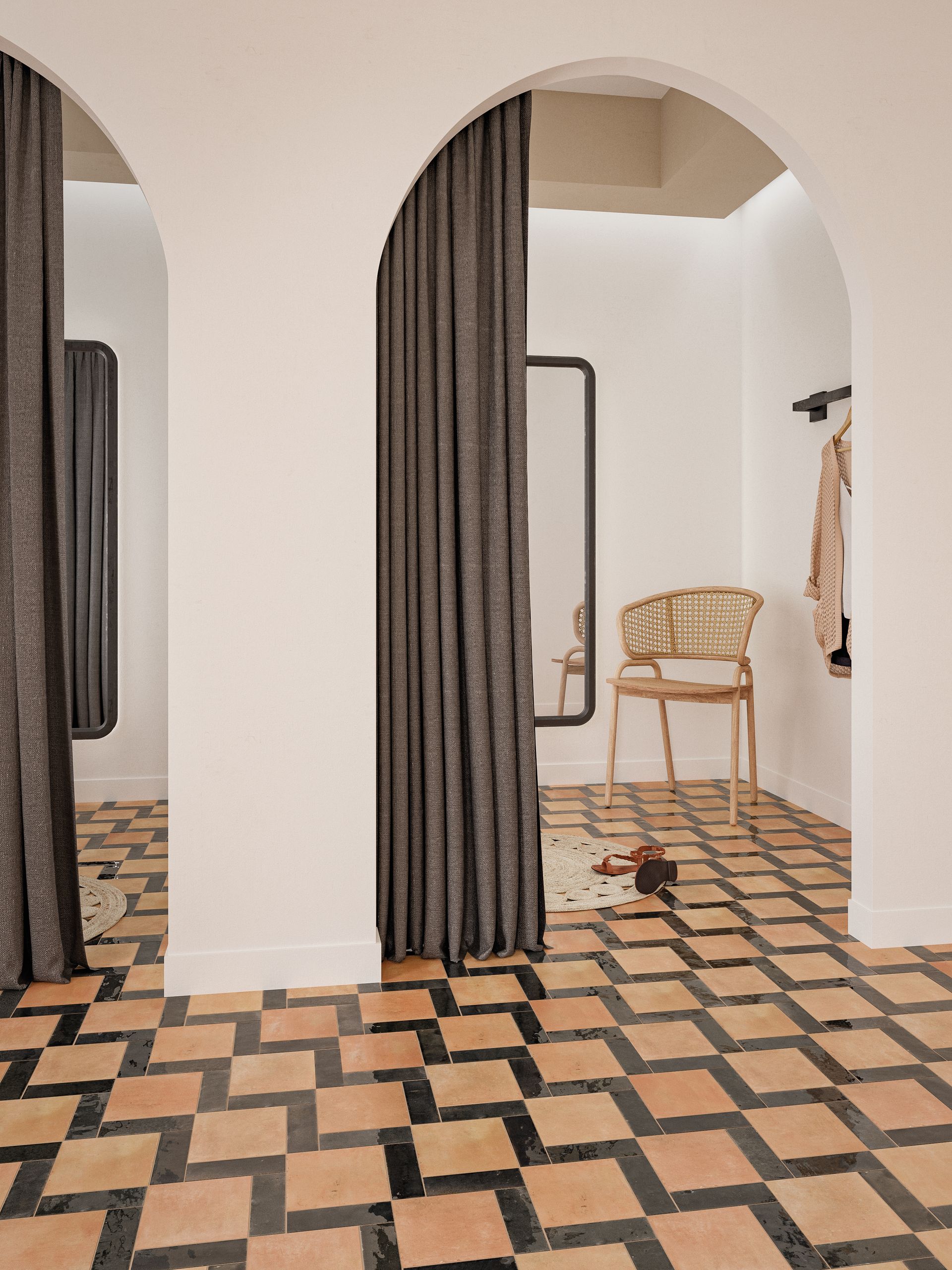 fitting rooms with chequerboard pattern floor tiles