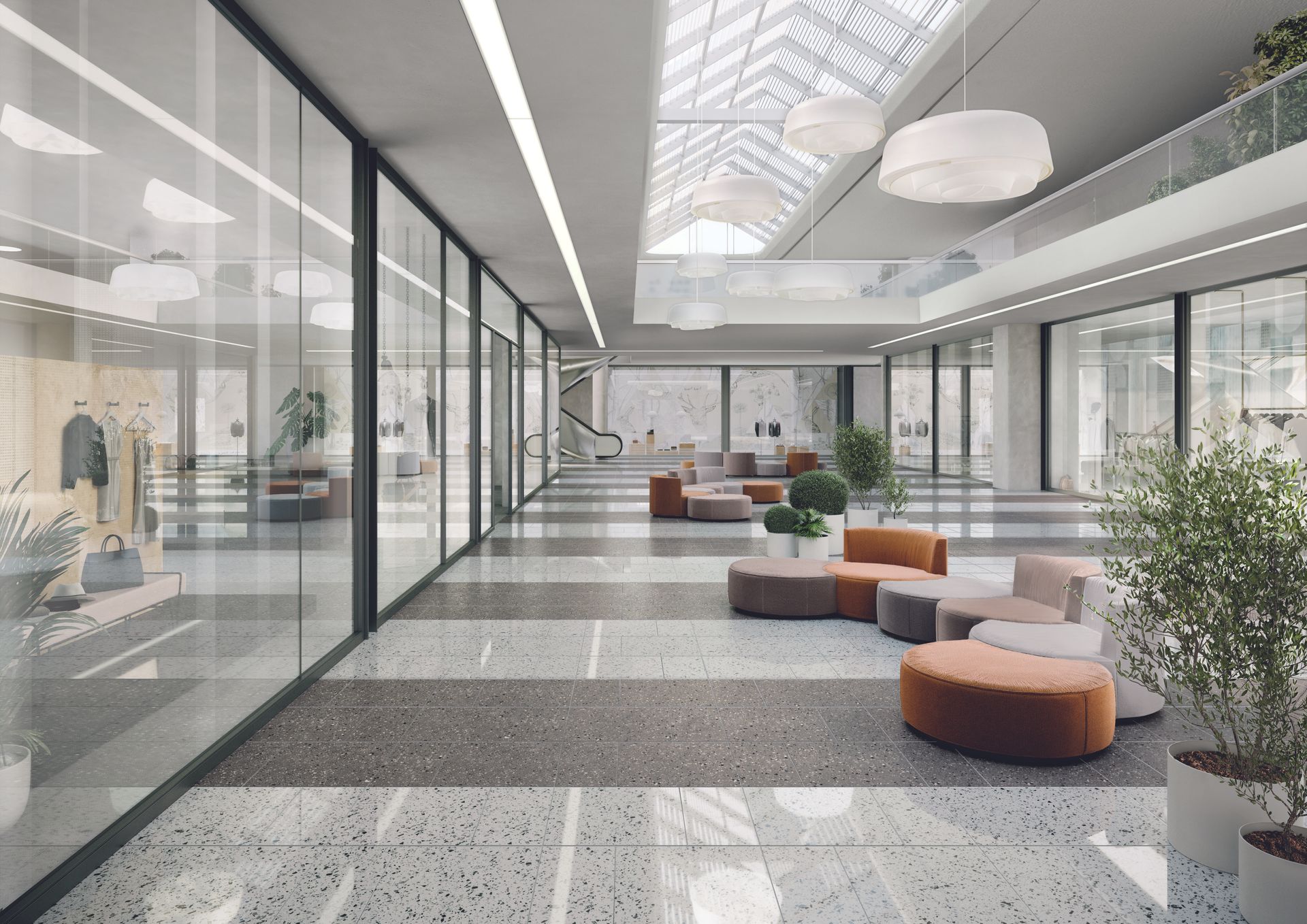patterned floor effect made from real terrazzo tiles in a mall seating area