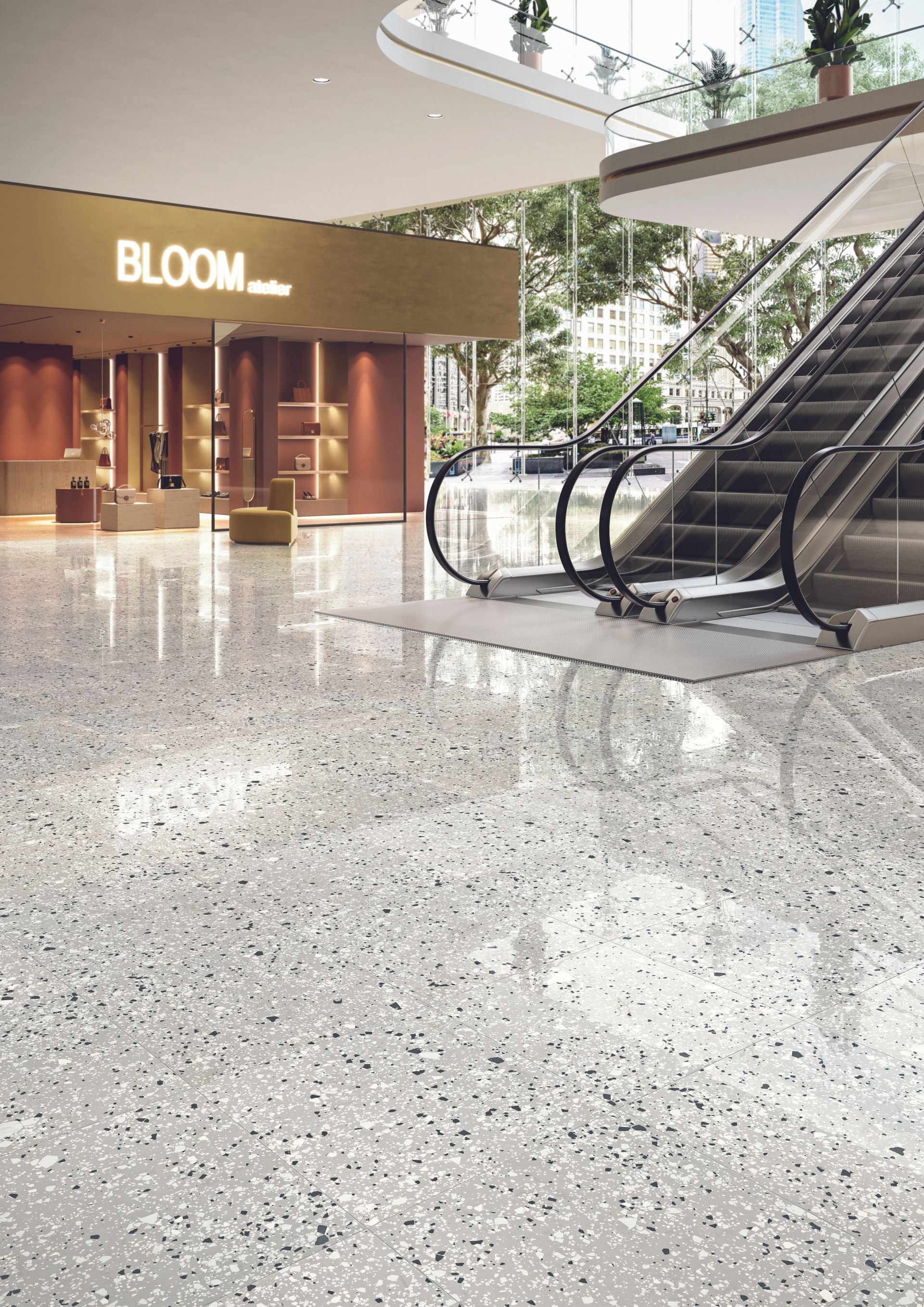 Terrazzo floor tiles in a mall with escalators