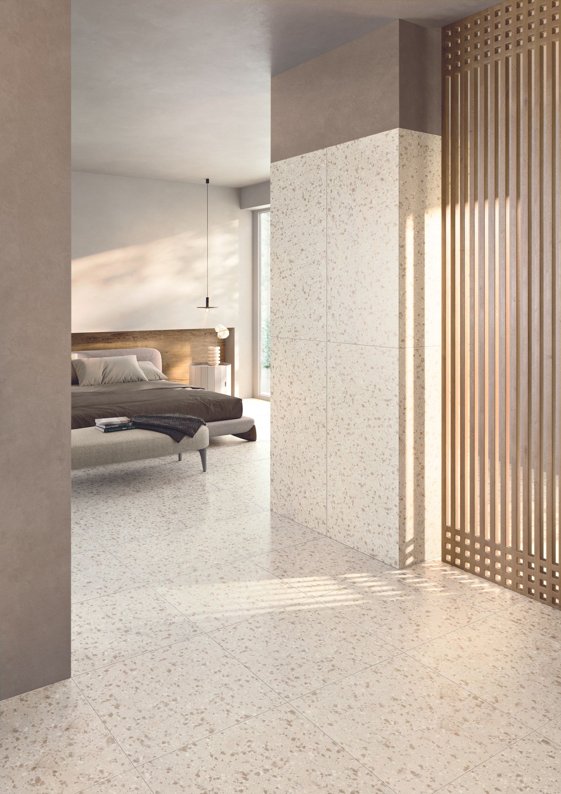 bedroom and corridor room shot of real white terrazzo tiles on the floor and walls