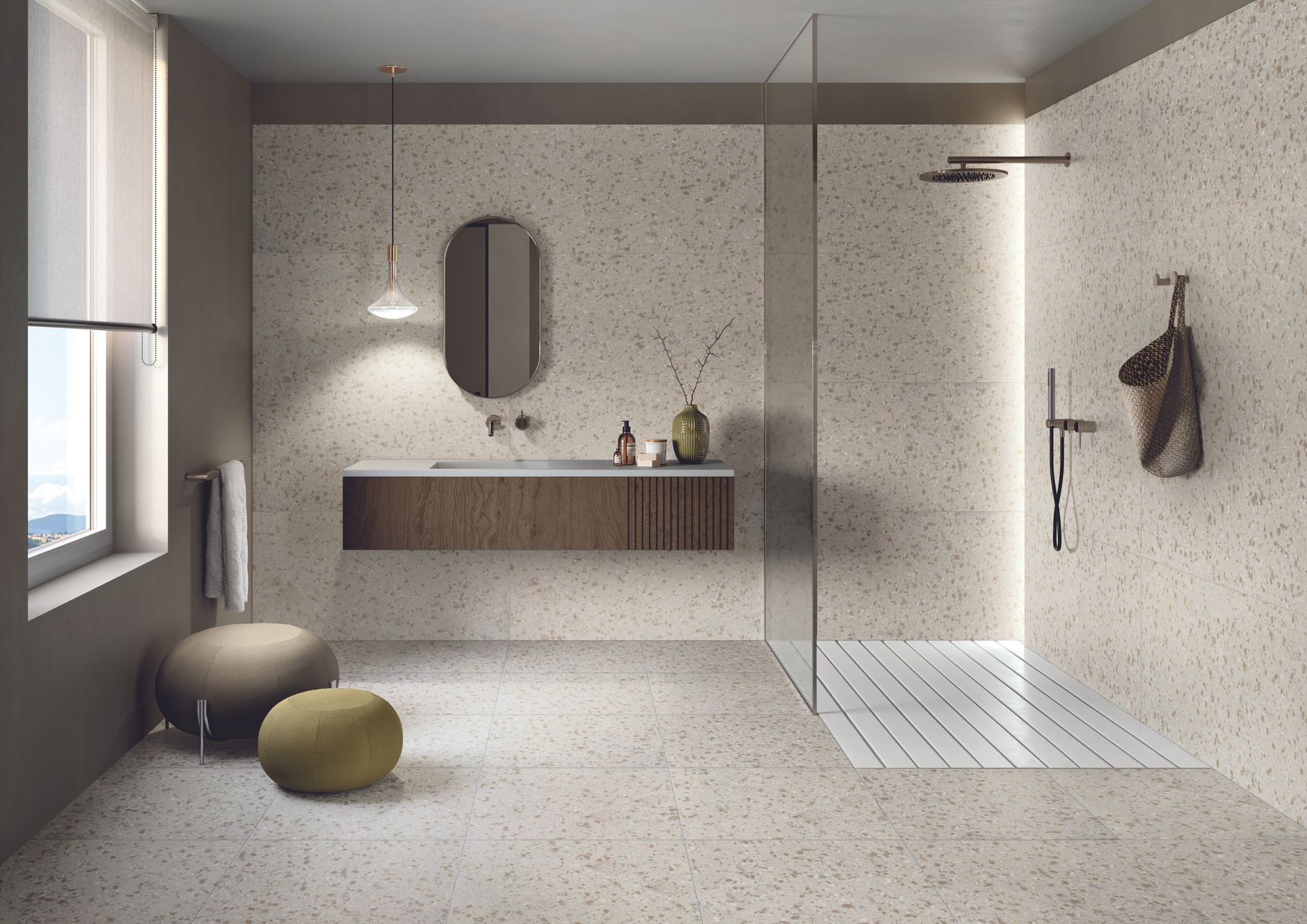 bathroom with matching floor and wall tiles  with 2 little seats in the corner