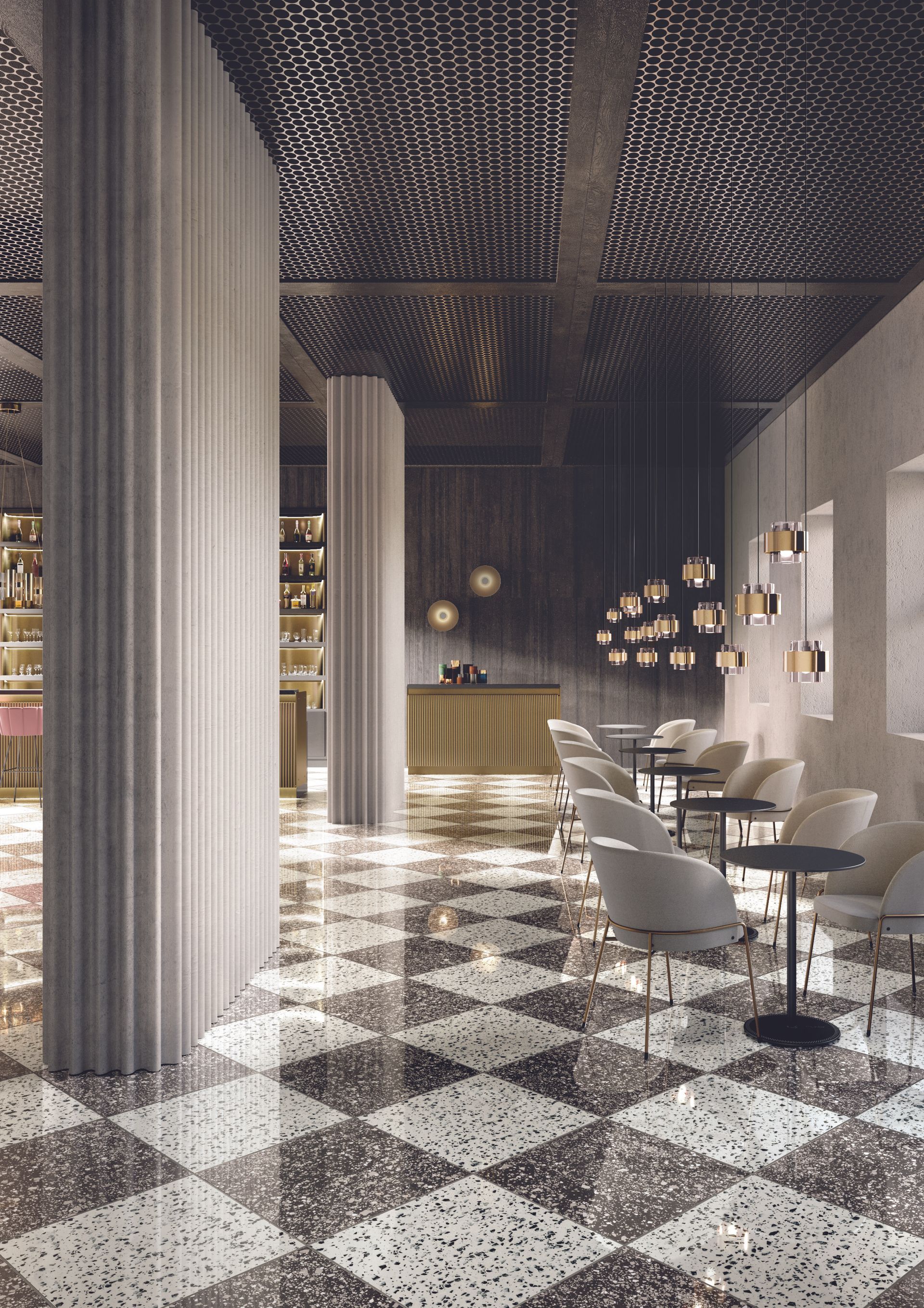 Pillars with chequerboard floor tiles in a restaurants eating area made from terrazzo fusion tiles