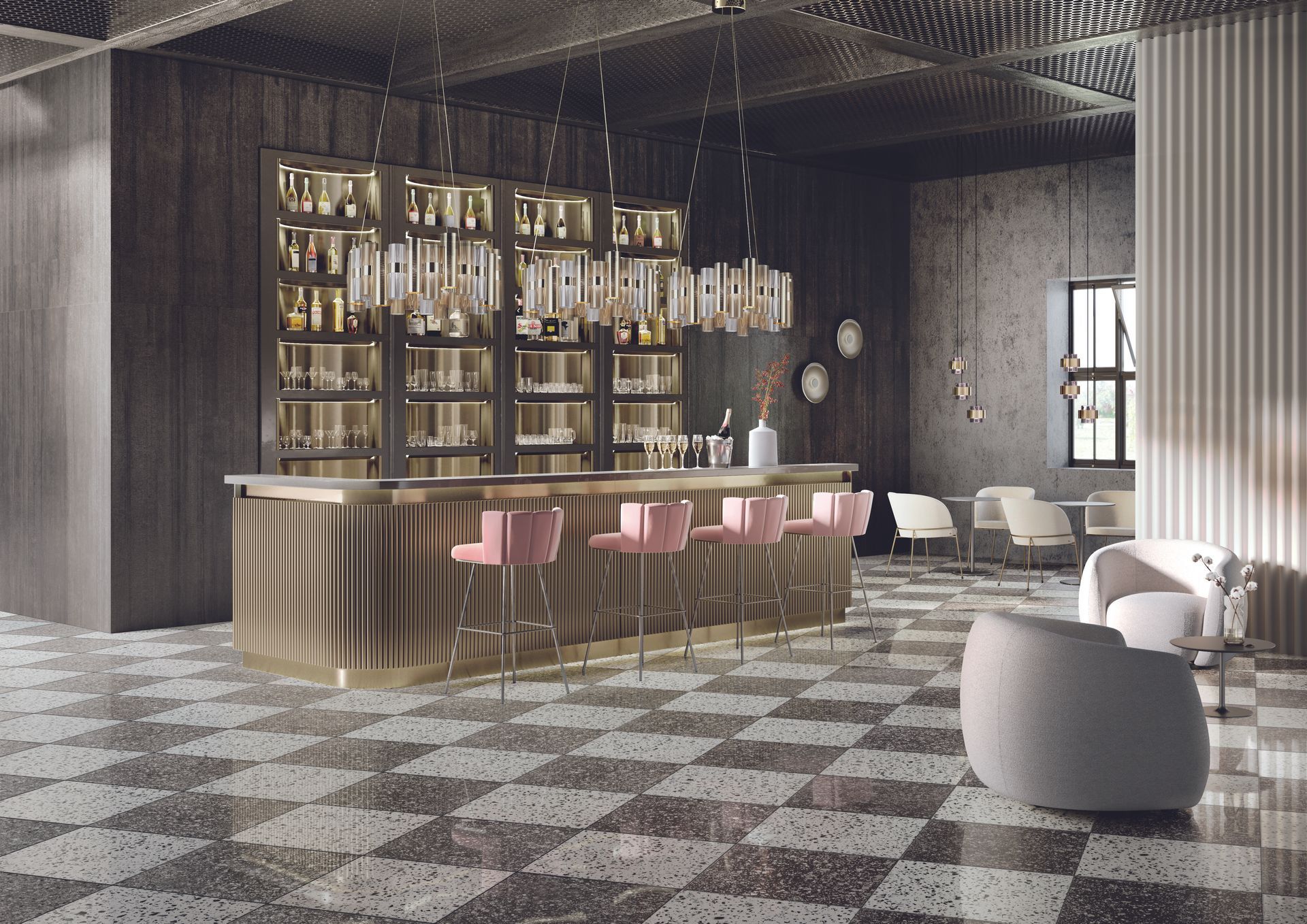Terrazzo effect Chequerboard floor tiles used in a modern bar