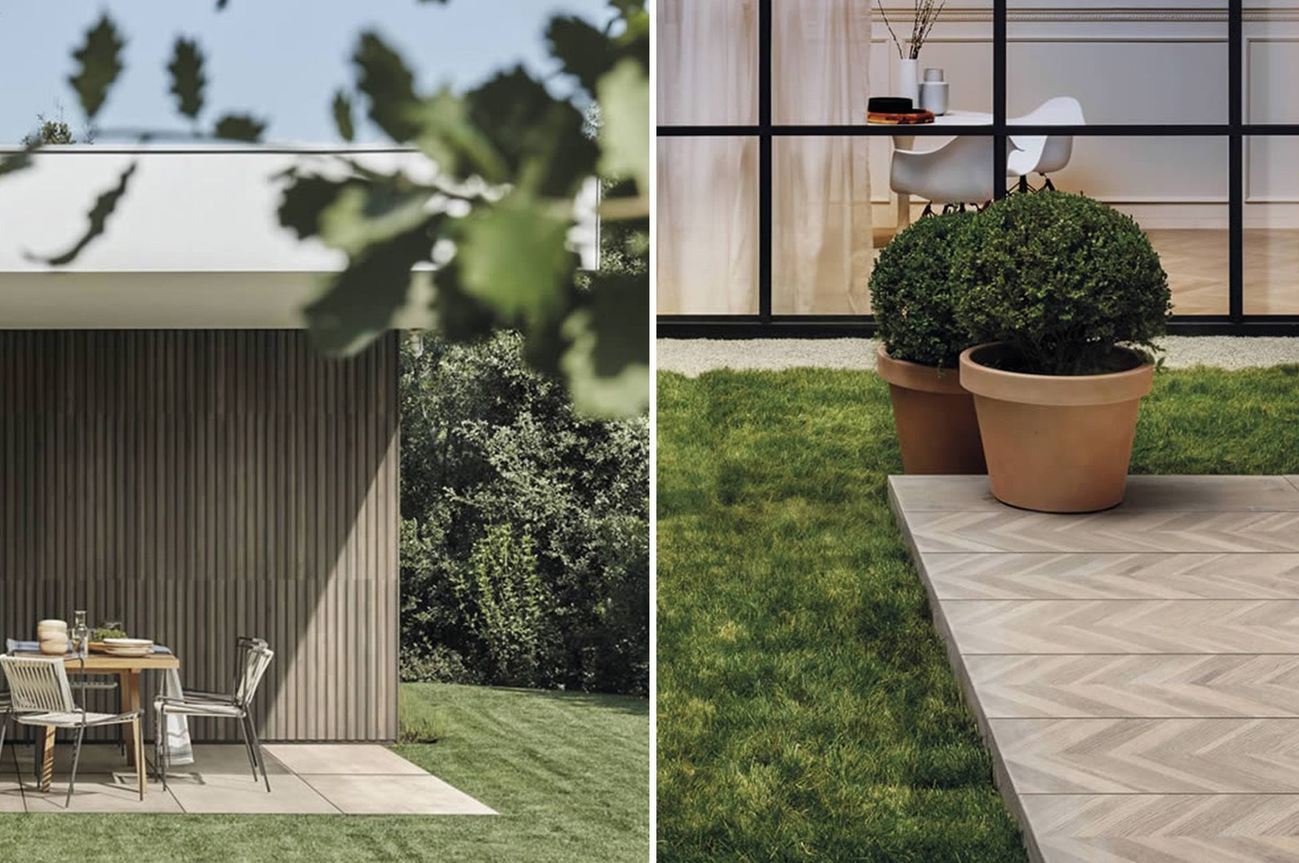 outdoor chevron wood effect floor tiles in the sun