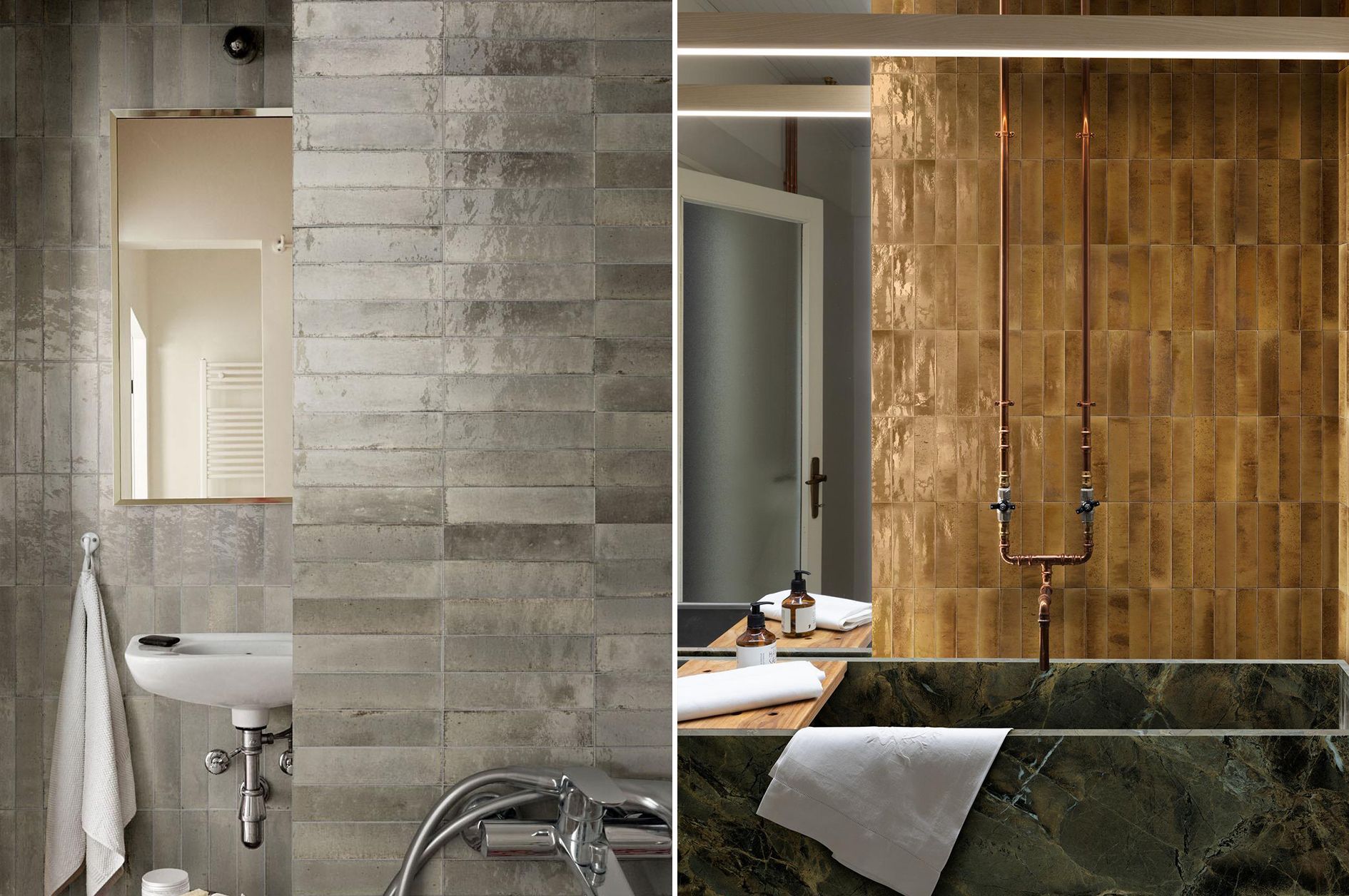 zellige tiles used in luxury bathrooms with fitting aesthetic brass were.