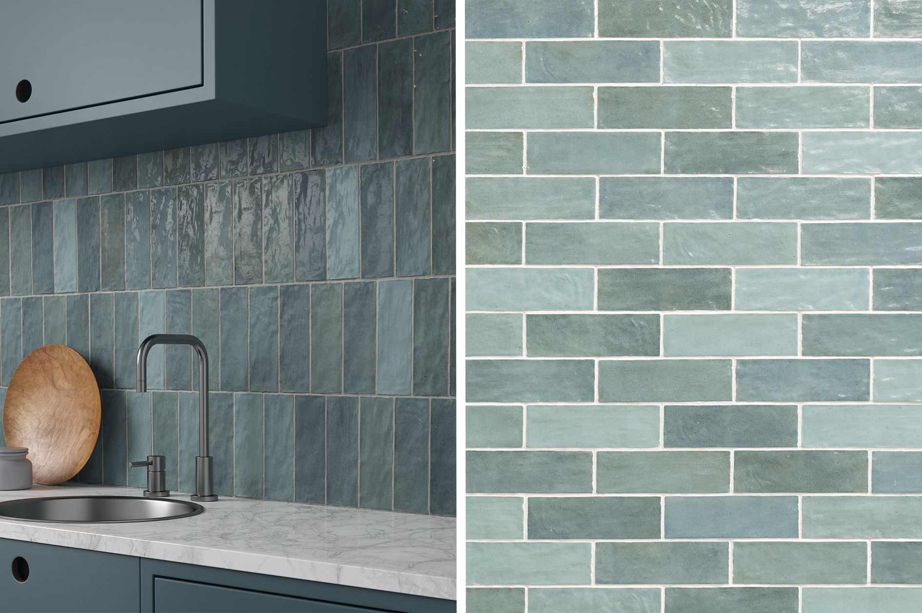 Metro blue wall tiles used in a kitchen as a splash back