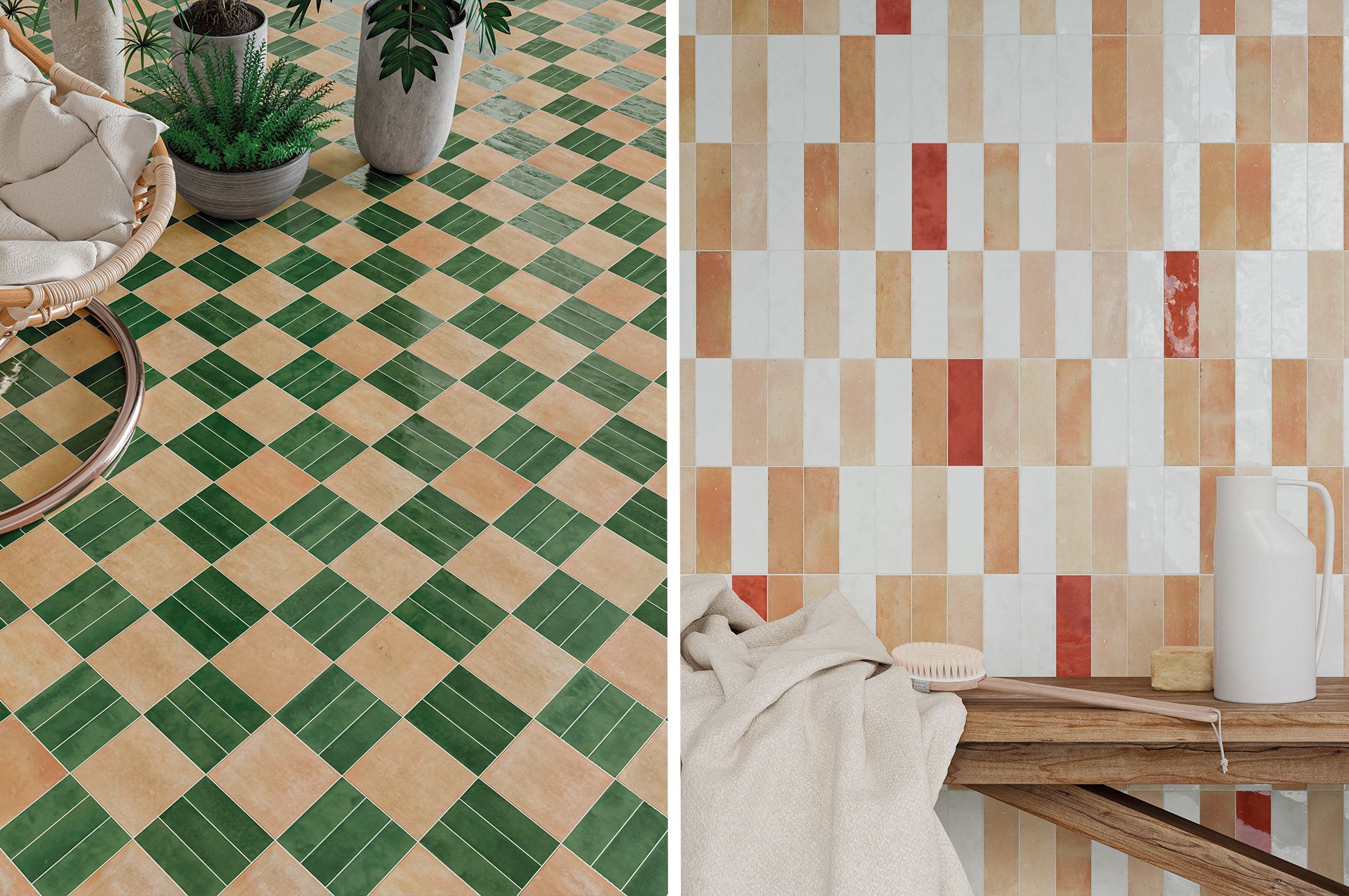 Chequerboard effect floor tiles and metro wall tiles on a wall