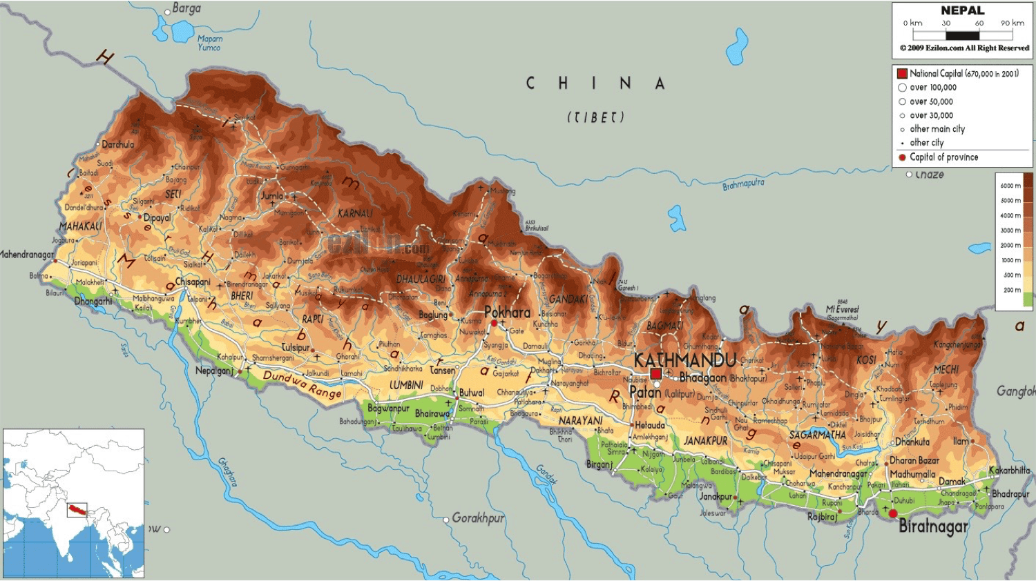 Landkarte Nepal mit Hauptstadt Kathmandu