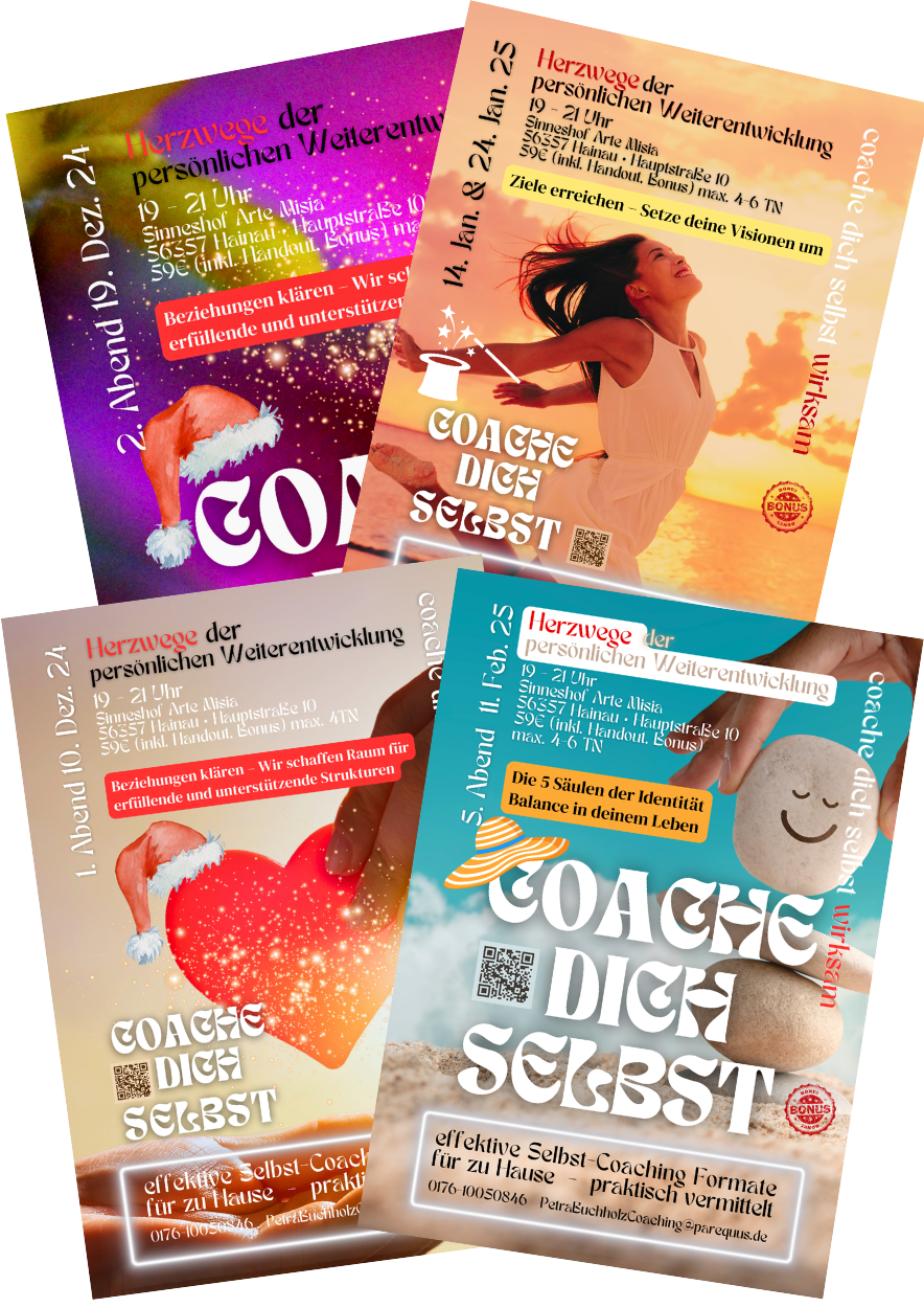 Dich treibt seit längerem ein Thema um und du hattest noch “keine Gelegenheit” dich tiefer damit zu beschäftigen?
Dann ist jetzt die Chance es an einem Abend der Workshop Sequenz „COACHE DICH SELBST“ zu tun und zu STARTEN.
Ich biete dir ein spannendes Format für Menschen, die selber machen wollen und können.
Nimm die Gelegenheit wahr, dich vom Nutzen des Abendworkshops zu überzeugen und für dich und deinen Fokus auf Lösung für dich und deinen Fokus auf Lösung und deinen Fokus auf Lösung zu schärfen. Buche die Workshops unabhängig voneinander oder auch kostengünstiger als Paket.
Ab Dezember 2024 findet eine Workshop Sequenz auf dem liebevoll geführten #artemisiasinneshof in 56355 HAINAU statt.
Selbst-Tun bleibt nachhaltiger in Erinnerung als theoretisches Lernen.
Einprägsame Formate erwarten dich,
die ohne jede Vorkenntnis einfach anwendbar und dir danach ein Leben lang verfügbar sind. Nimm auch den Bonus mit: das Review zum Workshopabend im Online Coaching mit MasterCoach Petra Buchholz ist inklusive!