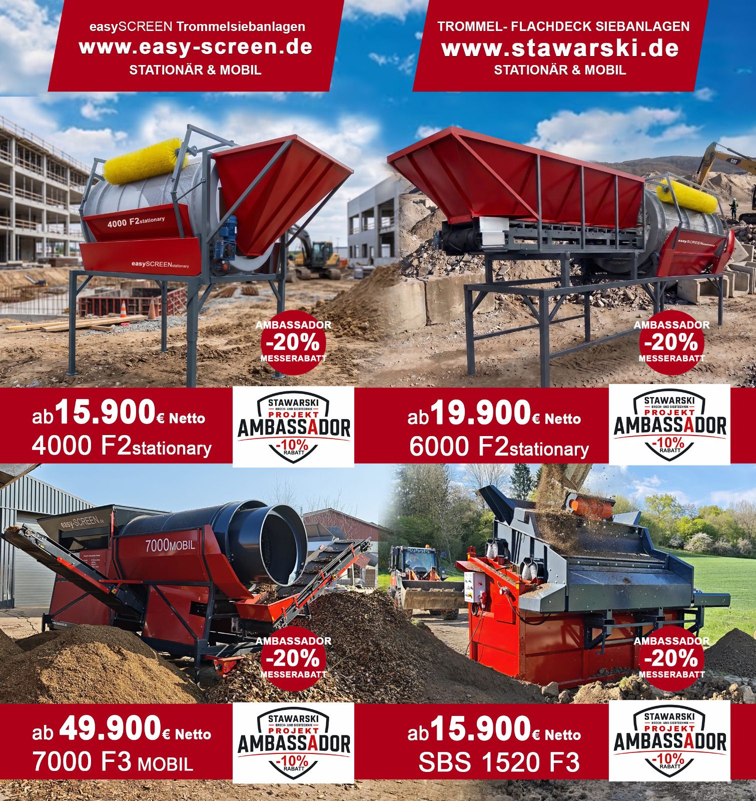 easySCREEN 4000 F2, easySCREEN 6000 F2, easySCREEN 7000 F3 und SBS 1520 F3 von Stawarski Brech- und