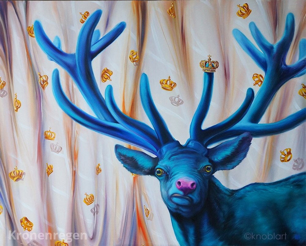 Hirsch im Kronenregen - Öl auf Leinwand 120 x 100 cm Hirsch Bayern , Malerei in Öl, Titel Kronenregen