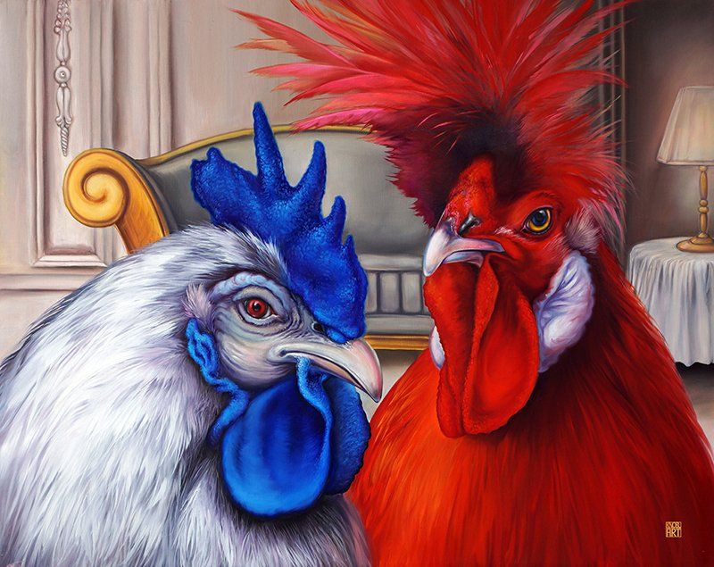 Bayerisch österreichisches Paar , Malerei, Hühner, Hühnervögel, schräge Vögel, art, Kunstgalerie, modern art, fineart, zeitgenössische Kunst, Andreas Knobl
