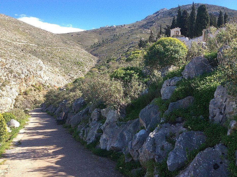 Walking to Aghia Fotini Cemetery and Monastery on Hydra Island Greece.