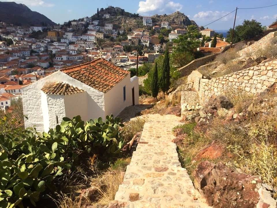 The streets and buildings in Hydra Town on Hydra Island Greece