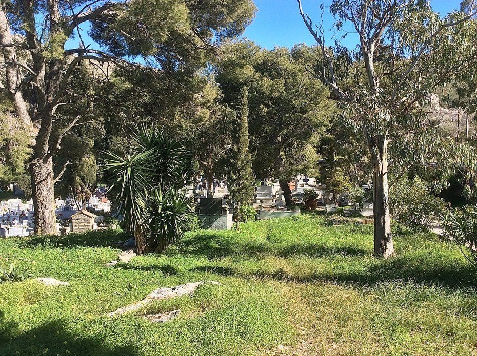 Walking to Aghia Fotini Cemetery and Monastery on Hydra Island Greece.