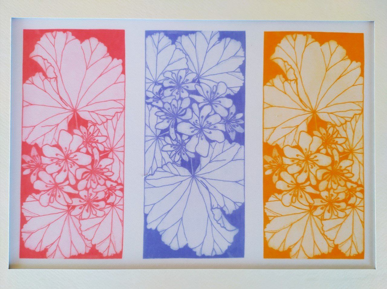 Geranium Triptych by Jacqui Savidge, artist on Hydra Island Greece.