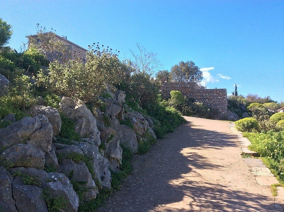 Zig-zag road going up to Aghia Fotini Monastery on Hydra Island Greece.