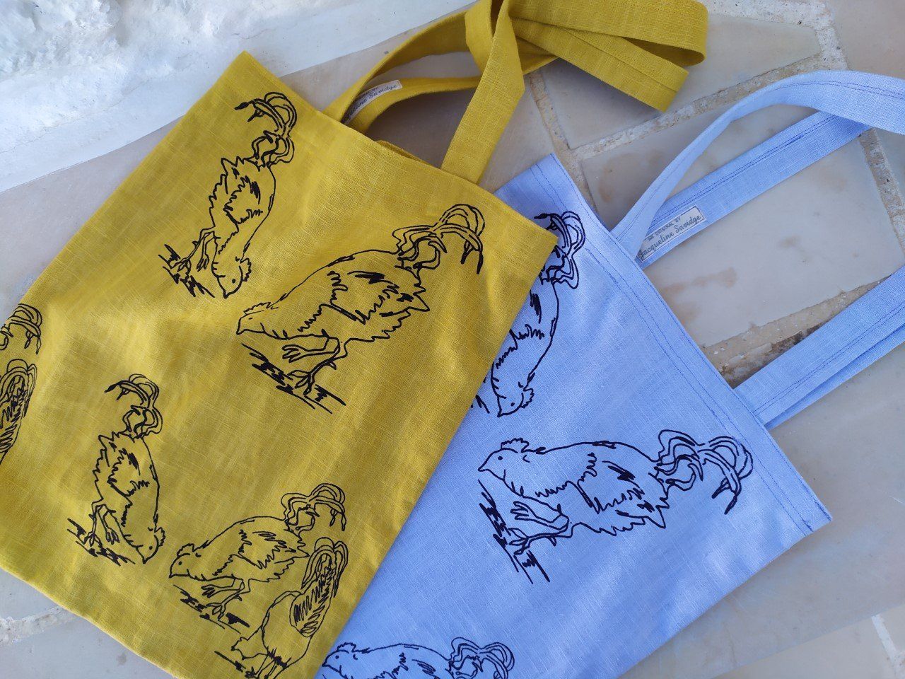 Chicken Totes by artist Jacqui Savidge, Hydra artists.