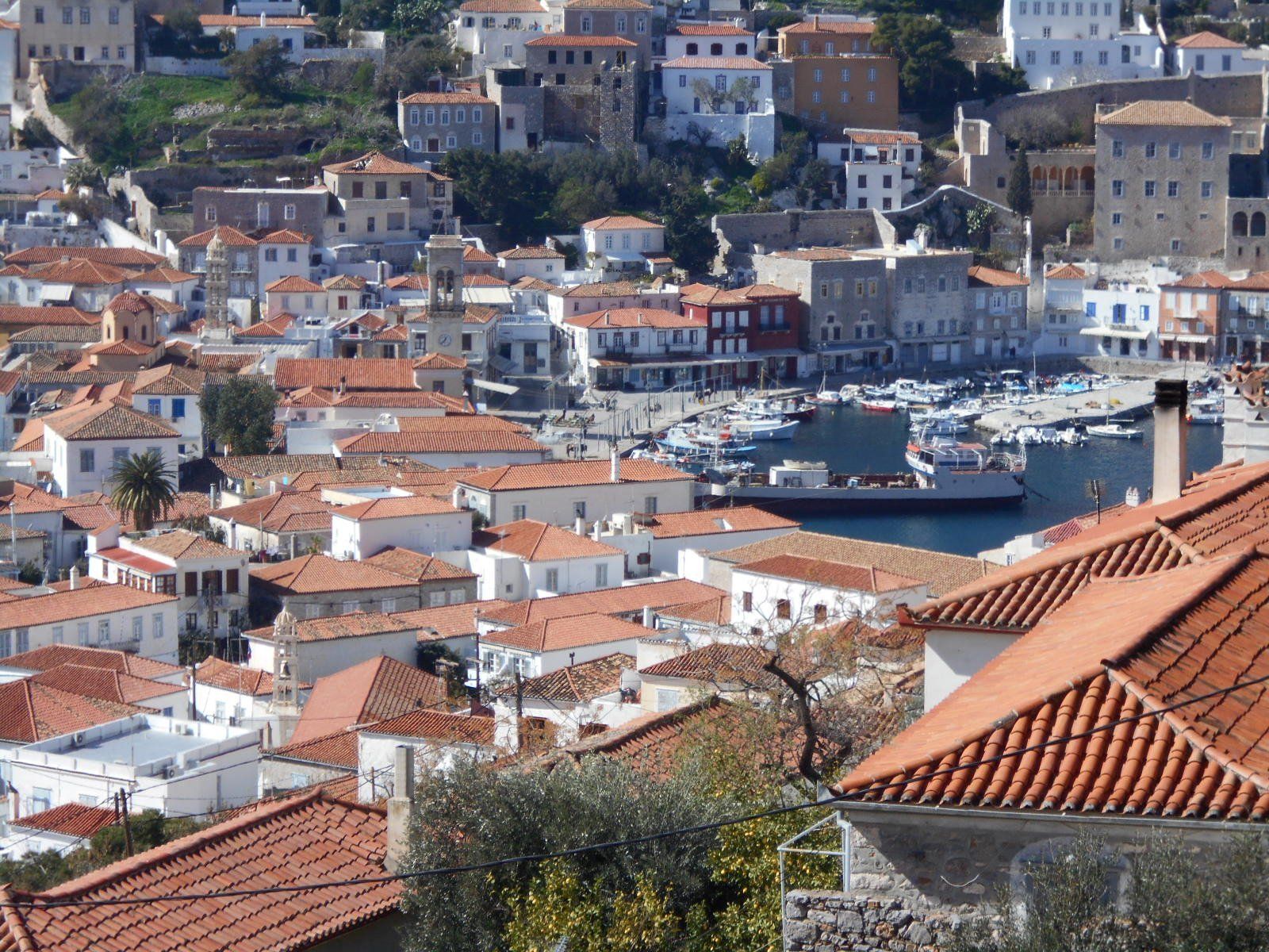 The streets and buildings in Hydra Town on Hydra Island Greece