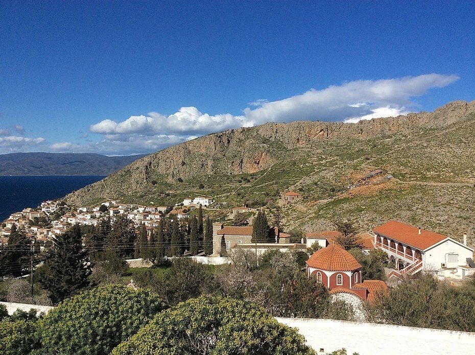 Walking to Aghia Fotini Cemetery and Monastery on Hydra Island Greece.