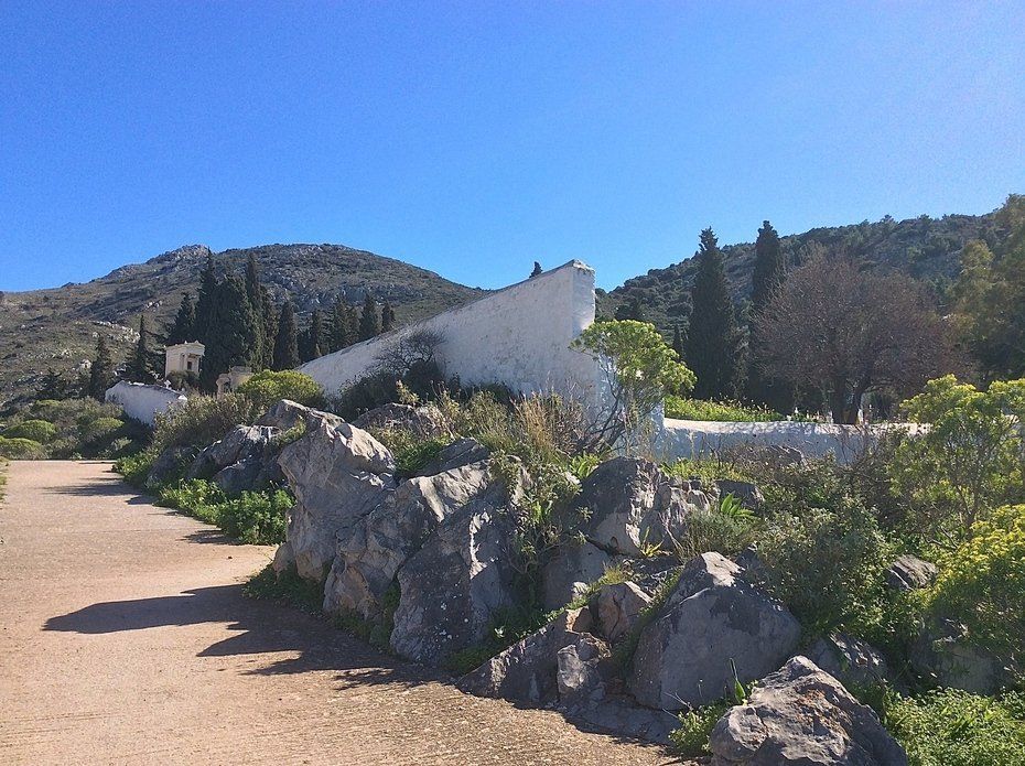 Walking to Aghia Fotini Cemetery and Monastery on Hydra Island Greece.