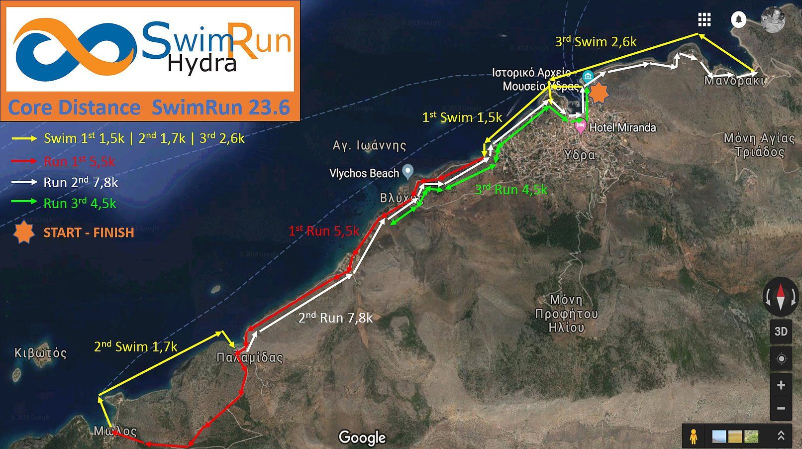 Core distance race route for the SwimRun Hydra event 2019