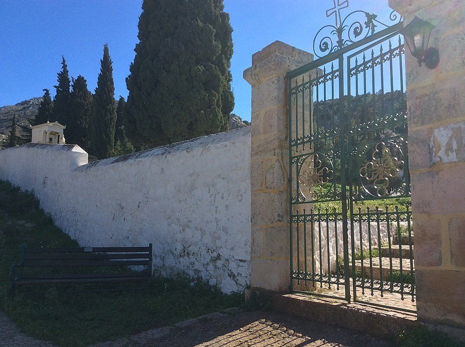 Walking to Aghia Fotini Cemetery and Monastery on Hydra Island Greece.