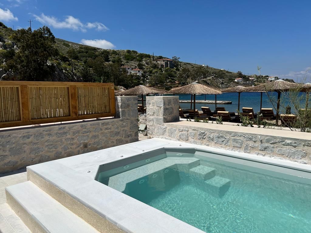 The deluxe Mandraki Beach Resort hotel, Hydra Island Greece