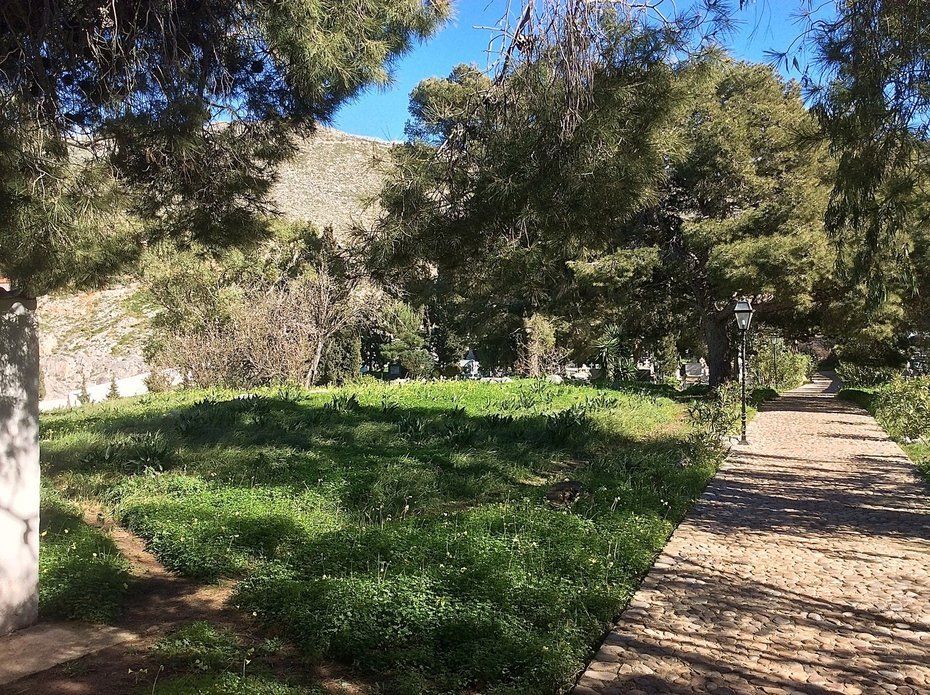 Walking to Aghia Fotini Cemetery and Monastery on Hydra Island Greece.