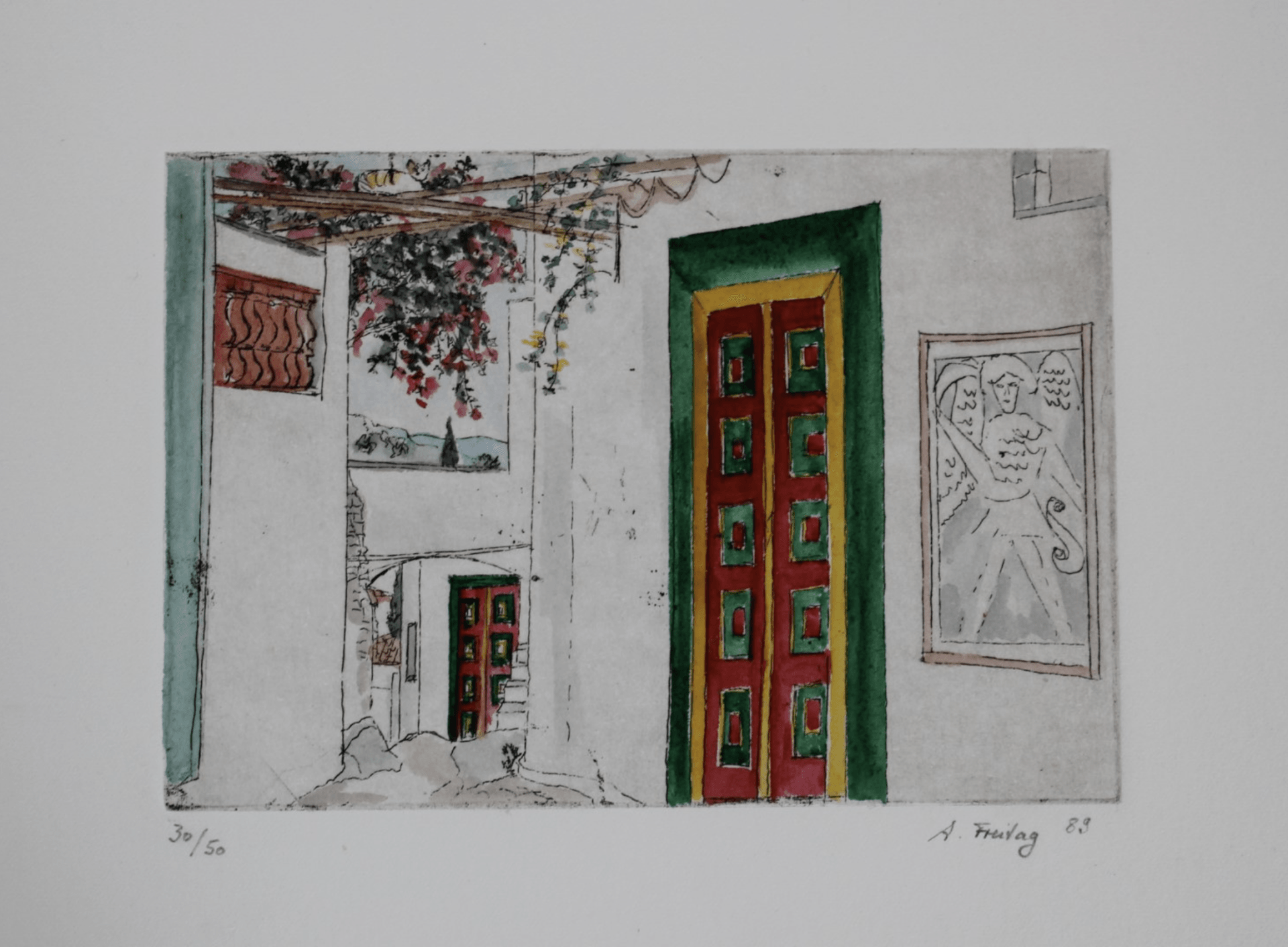 Painted Doors, Etching Handcoloured, 9x13cm, €250 Angelika Liasion Freitag - artists on Hydra Island Greece, original paintings for sale.
