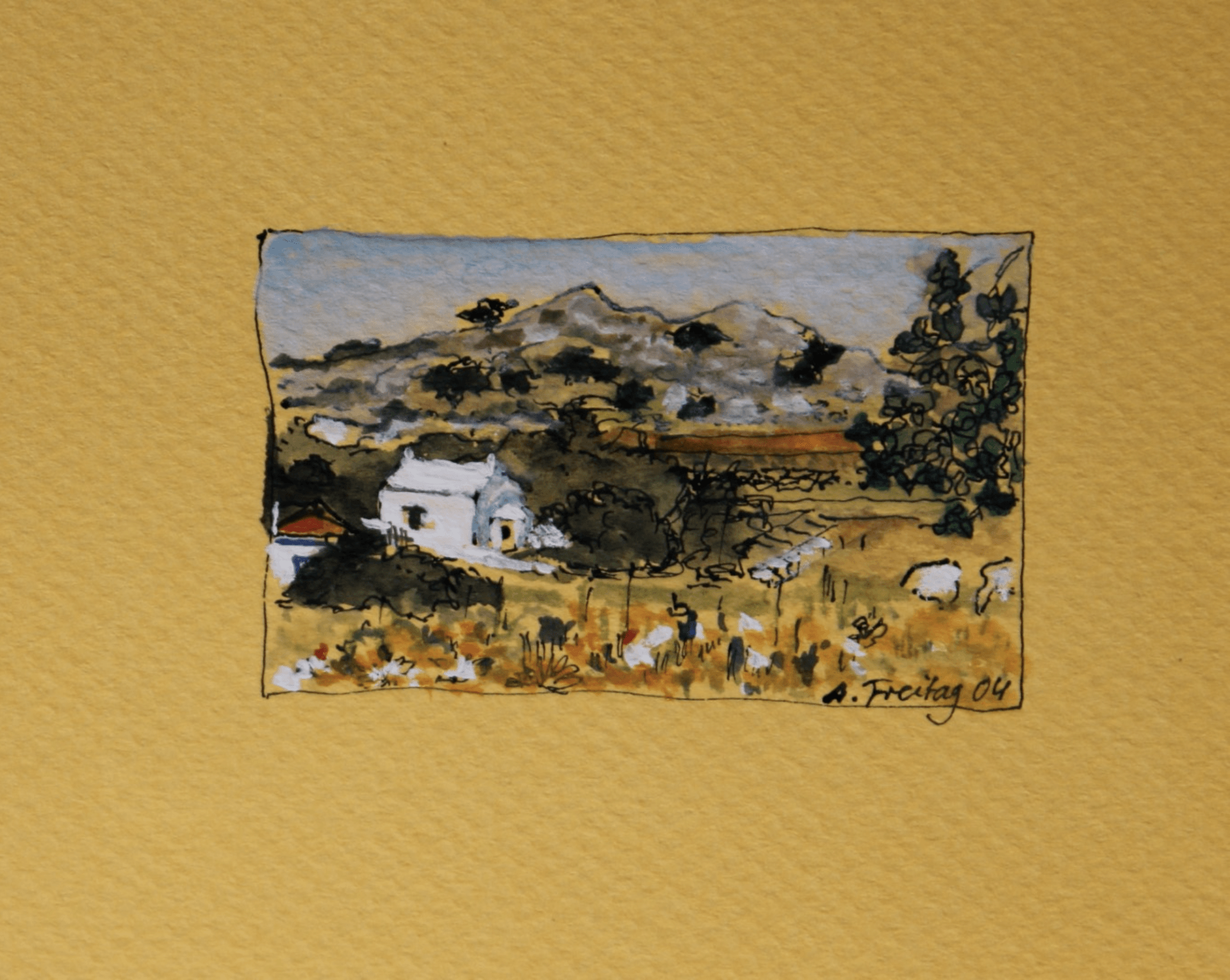 Way To Vlychos, Watercolour & Ink on Coloured Paper, 6x8cm, €450 Angelika Lialios Freitag - Artists on Hydra Island Greece